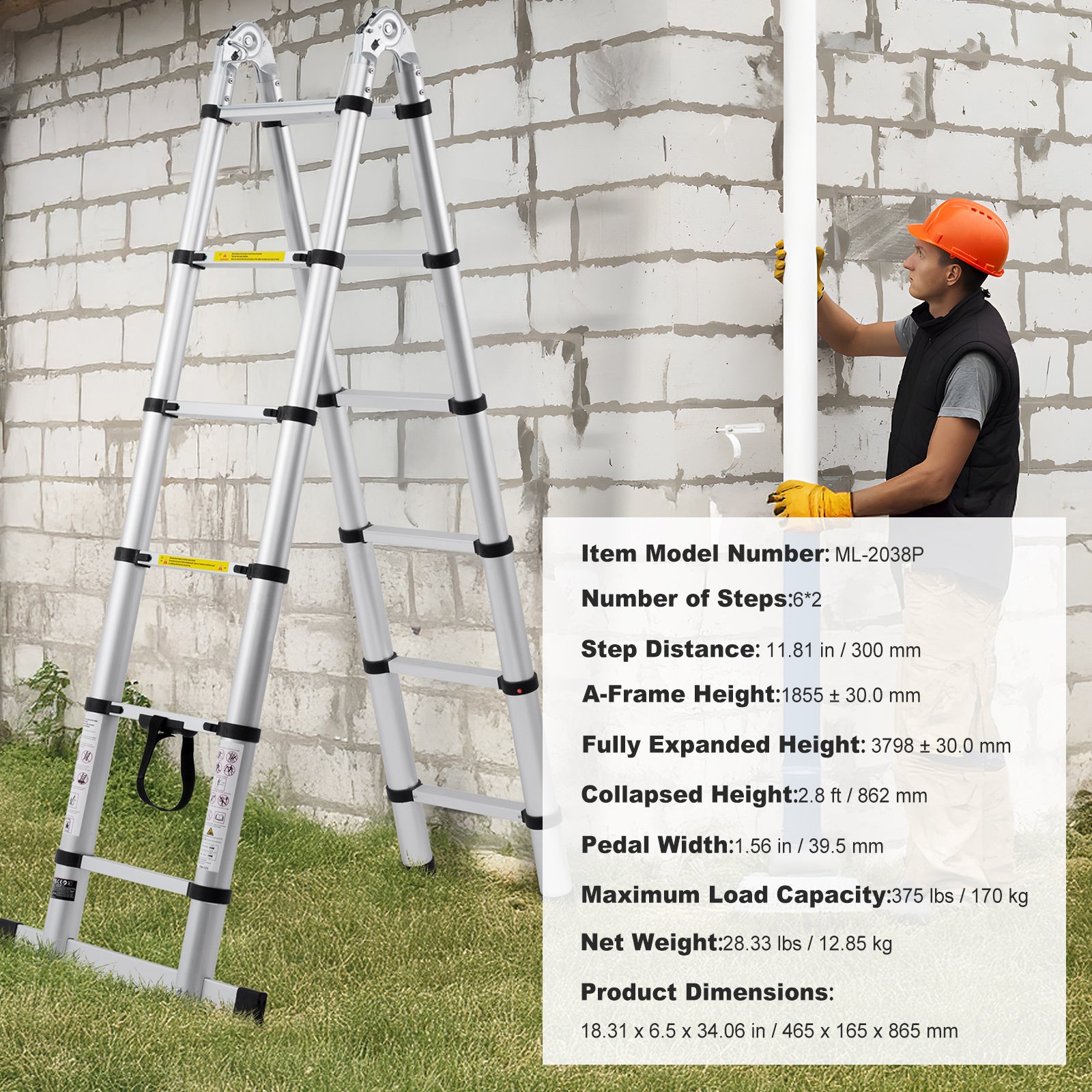 12.5FT Telescoping A‑Frame Ladder with Stabilizer Bar — 375 lb Capacity, Aluminum, Silver