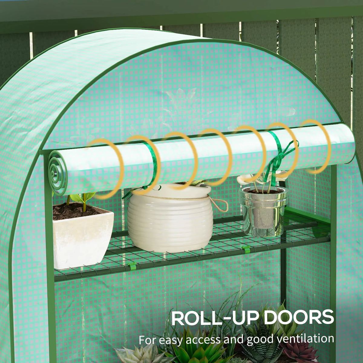 Lean‑to Portable Greenhouse with Four Shelves — Roll‑Up Door Steel Frame HDPE Cover Green