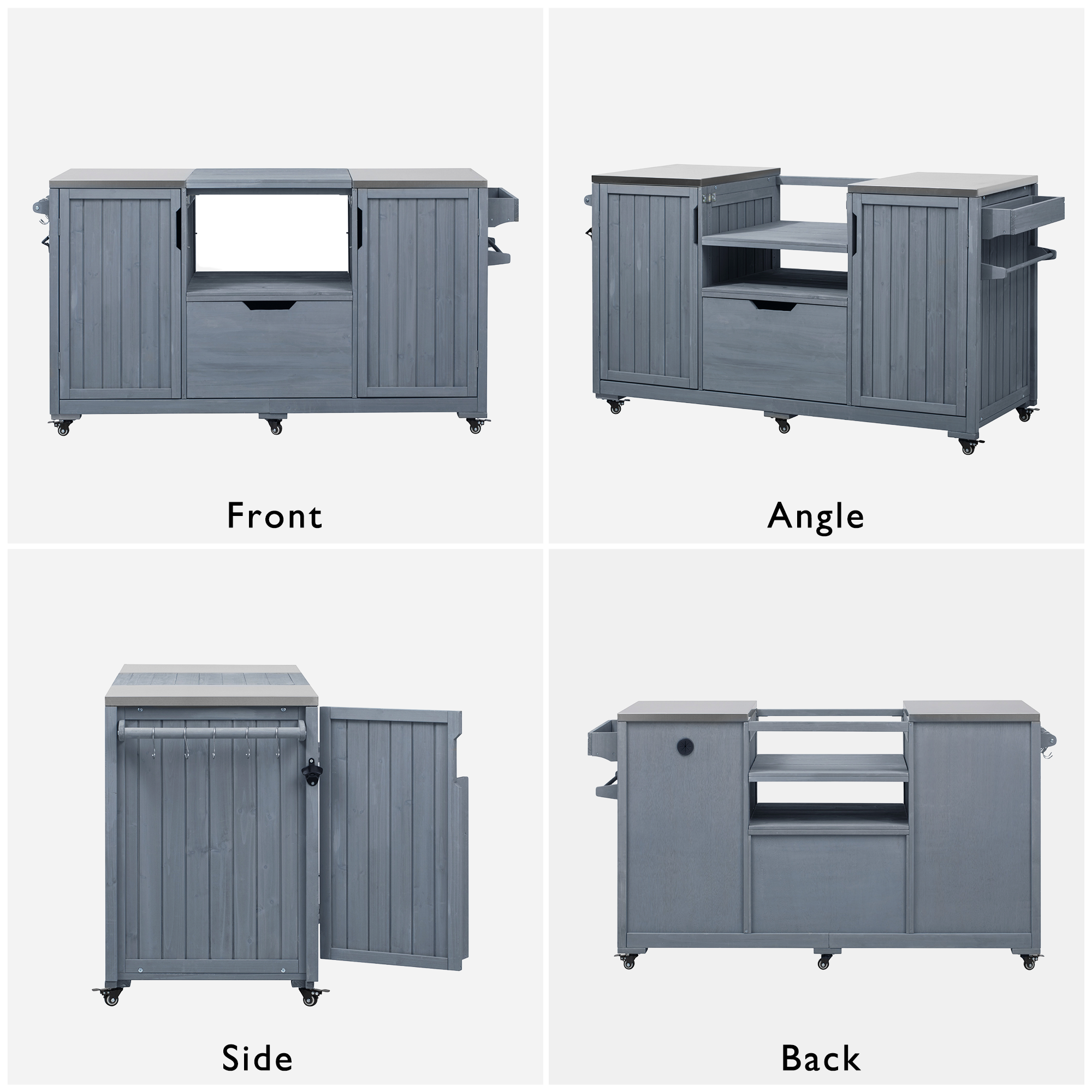 K&K 66.5" Outdoor Kitchen Island for Big Green Egg Grills, Solid Wood Outdoor Grill Cart for Tabletop Grill with Stainless Steel Top, Drawer, Compatible with Large Big Green Egg, Kamado Joe- Grey Blue