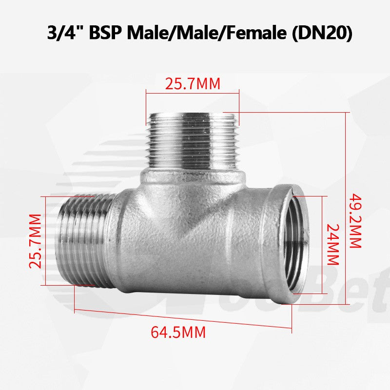 304 Stainless Steel BSP Tee Pipe Fitting — Male & Female Thread, 1/2" to 2"