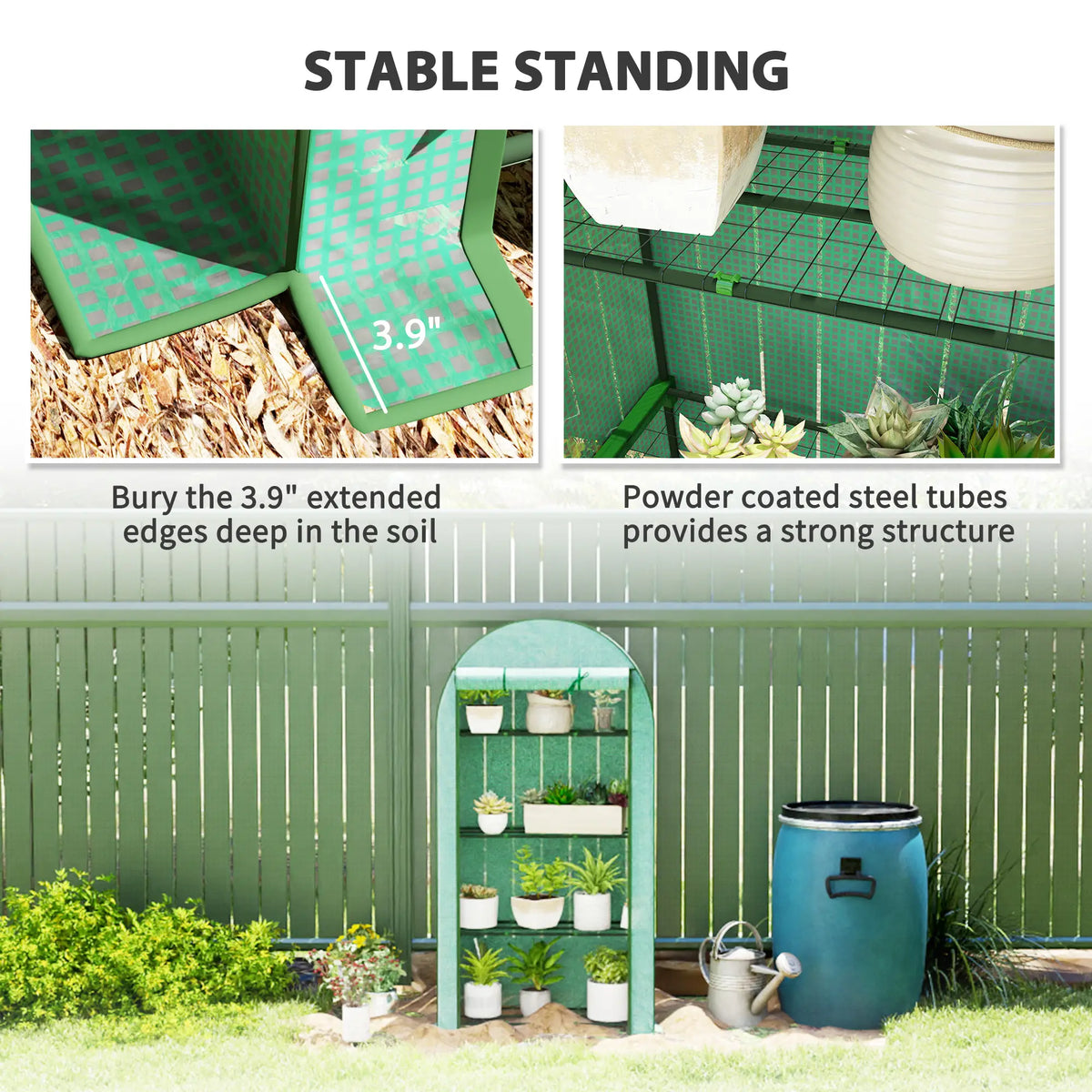 Lean‑to Portable Greenhouse with Four Shelves — Roll‑Up Door Steel Frame HDPE Cover Green