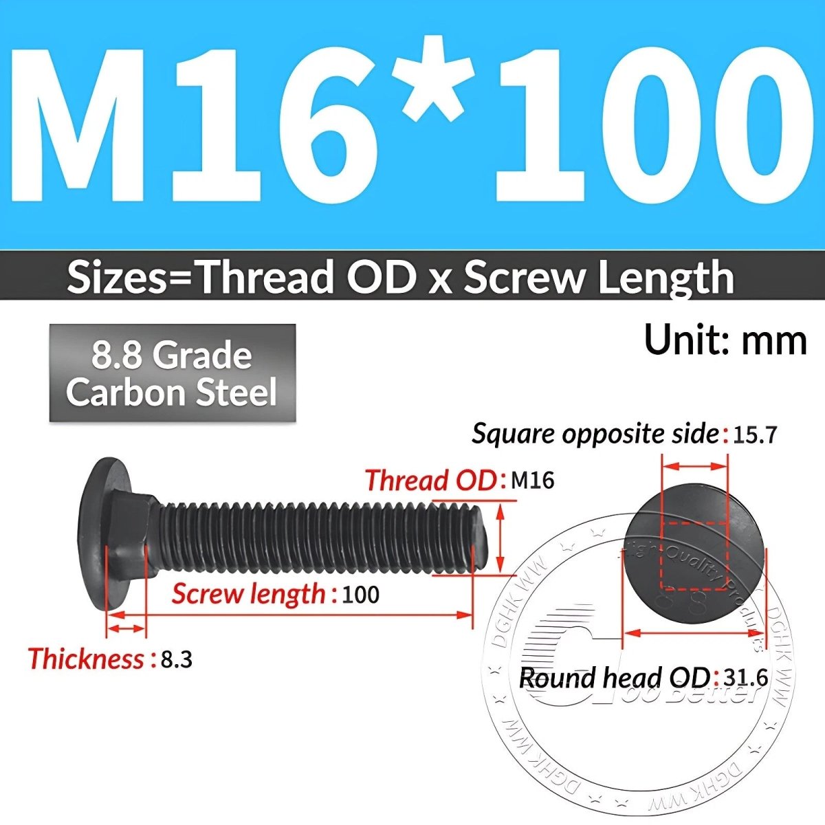 Black 8.8 Grade Steel Carriage Bolts | Cup Square Dome Head | M6–M24 - HomeDIYer