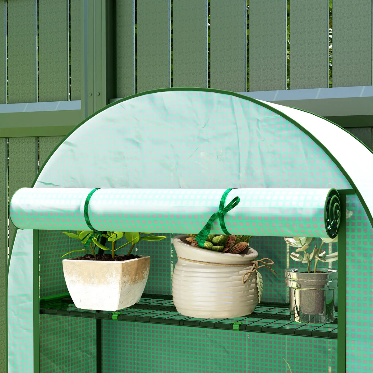 Lean‑to Portable Greenhouse with Four Shelves — Roll‑Up Door Steel Frame HDPE Cover Green