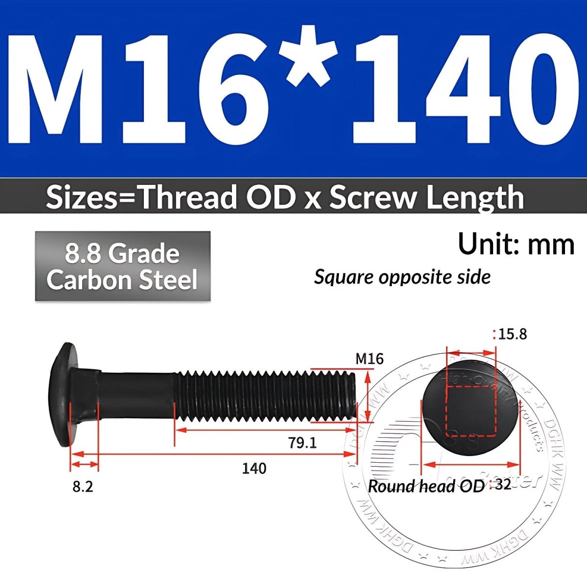 Black 8.8 Grade Steel Carriage Bolts | Cup Square Dome Head | M6–M24 - HomeDIYer
