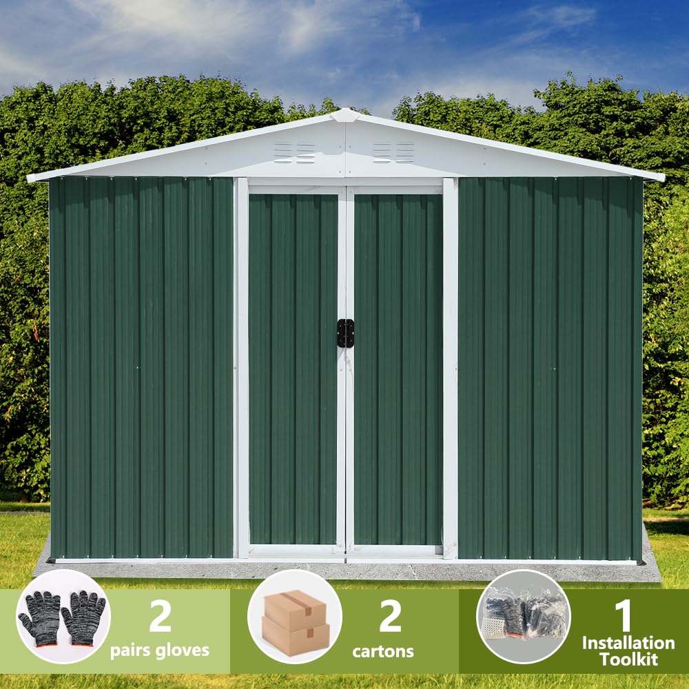 8x6FT Outdoor Metal Storage Shed | Green Galvanized Steel Garden Shed - HomeDIYer