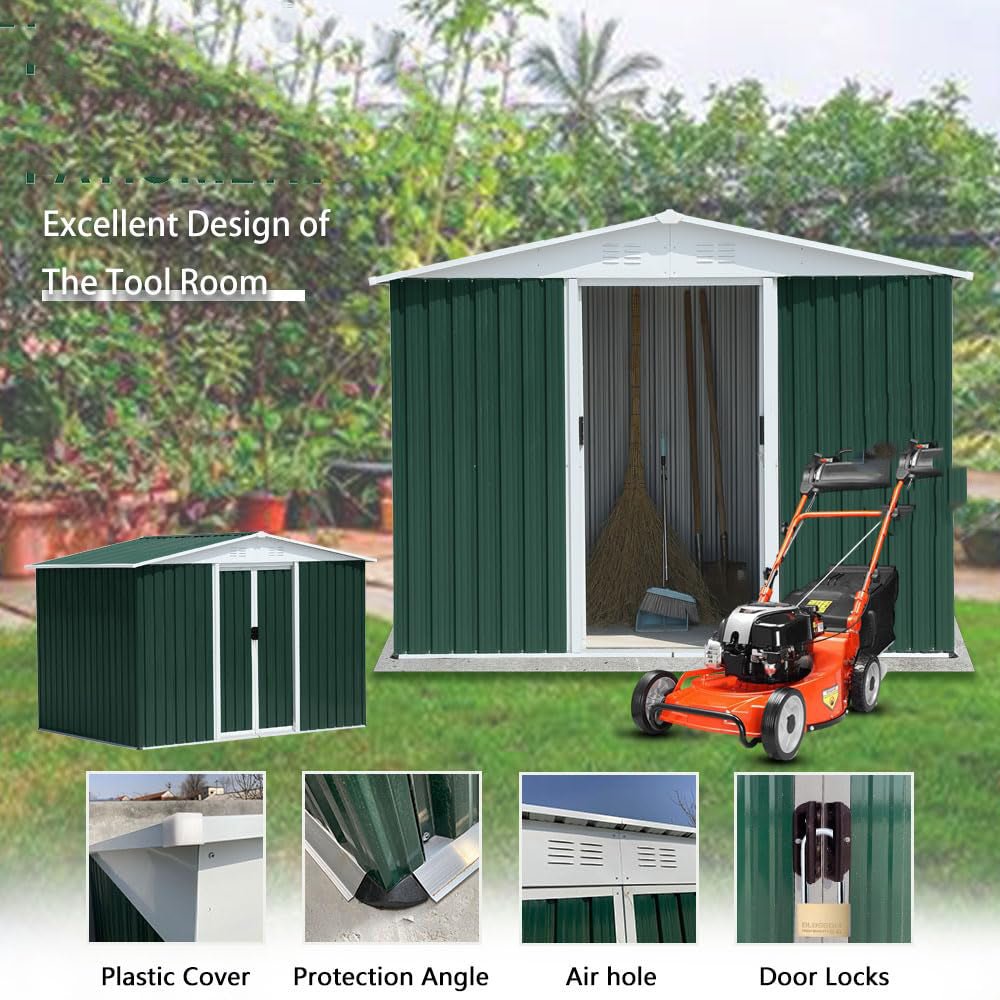 8x6FT Outdoor Metal Storage Shed | Green Galvanized Steel Garden Shed - HomeDIYer