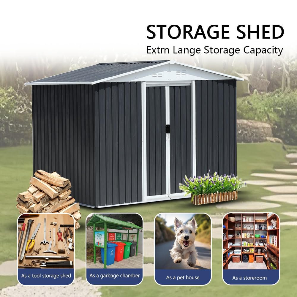 8x6FT Outdoor Metal Storage Shed | Galvanized Steel Garden Shed - HomeDIYer