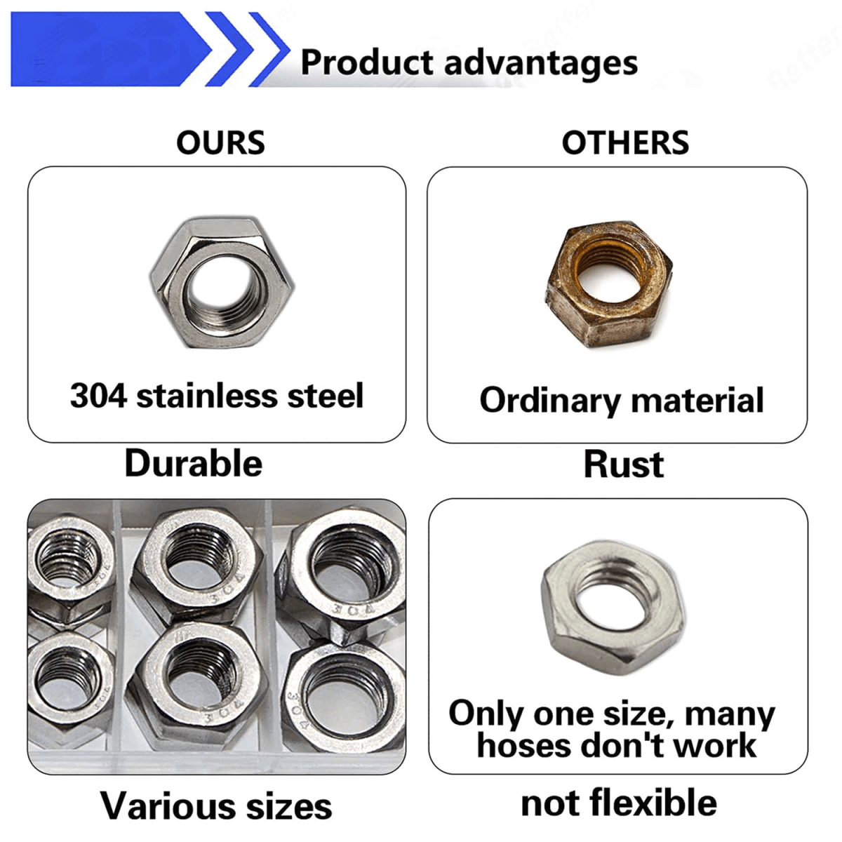 450 Pcs 2 - 1/2" 304 A2 Stainless Steel Hex Nuts Assortment Kit For Screws Bolt - HomeDIYer
