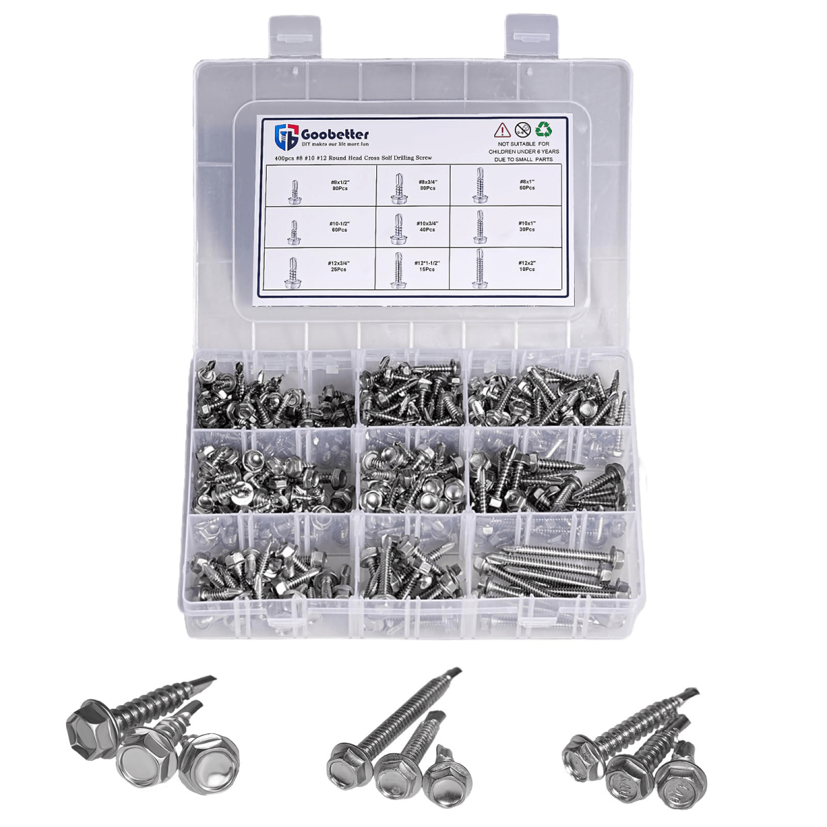 400PCS Stainless Steel Hex Washer Head Self Drilling Tek Screw Assortment Set - HomeDIYer