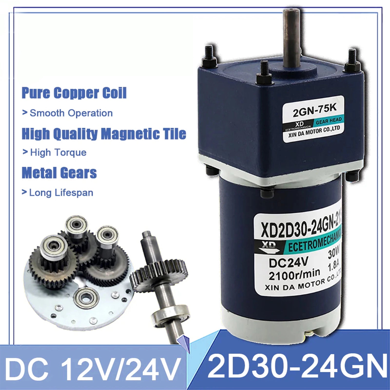 DC 12V/24V 30W Gear Motor 10~600 RPM CW/CCW Full Metal Gearbox Motors 2D30 - 24GN - HomeDIYer