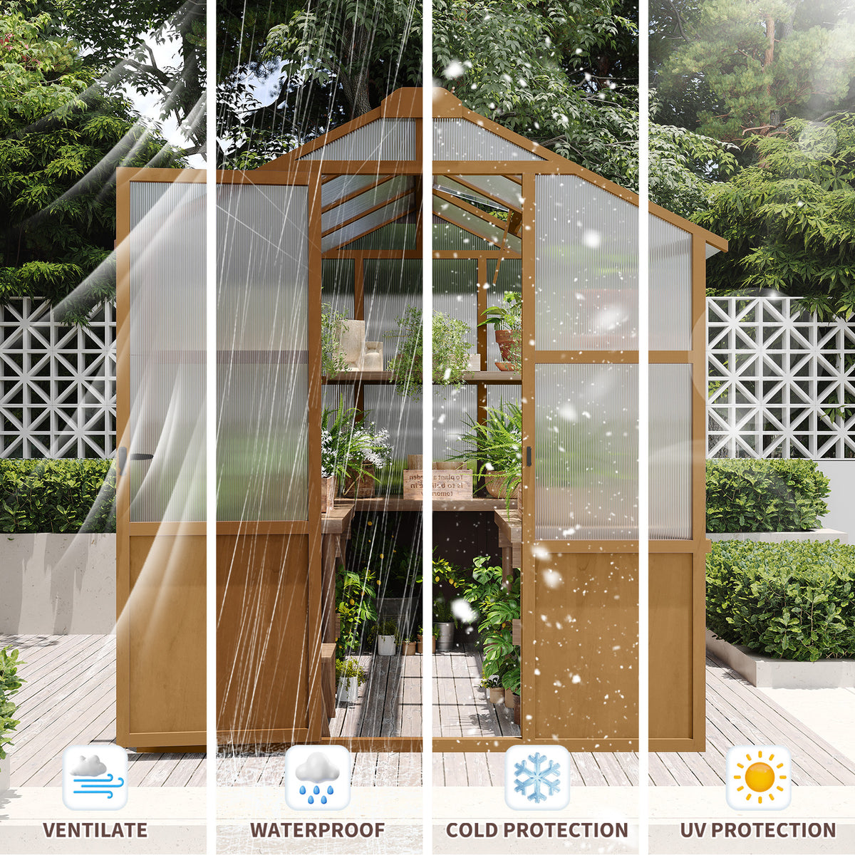 6ft x 8ft Solid Wooden Walk‑In Greenhouse — 6mm Polycarbonate Panels, Adjustable Roof Vents & Lockable Door Natural Wood