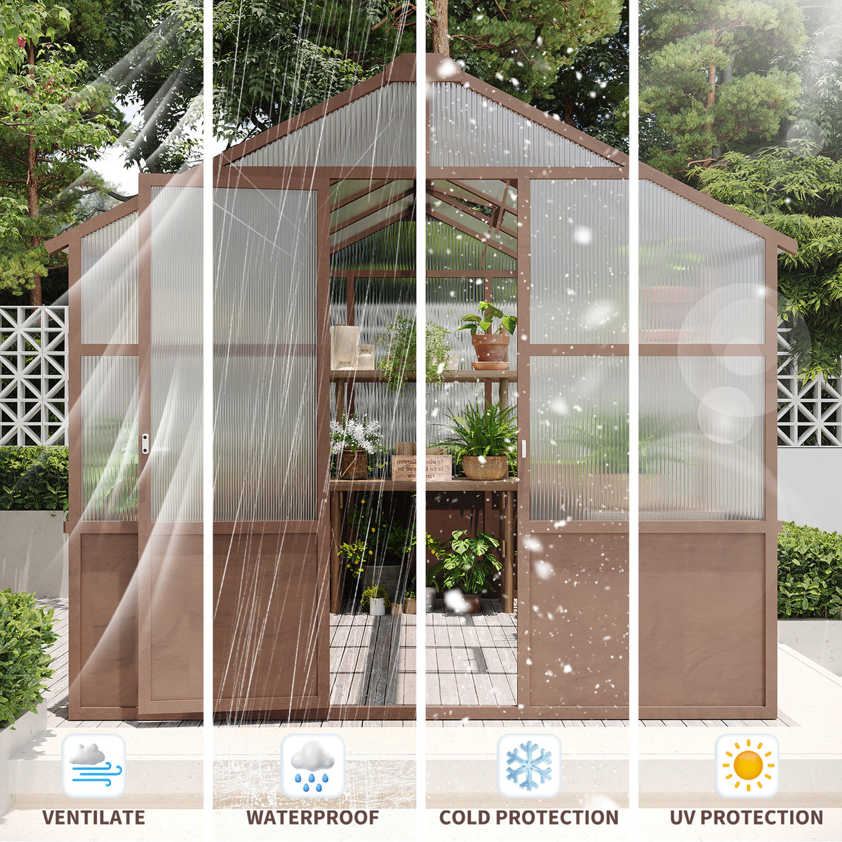 8ft x 10ft Cedar Wood Walk‑In Greenhouse — 6mm Polycarbonate Panels Adjustable Vent & Lockable Door Dark Coffee
