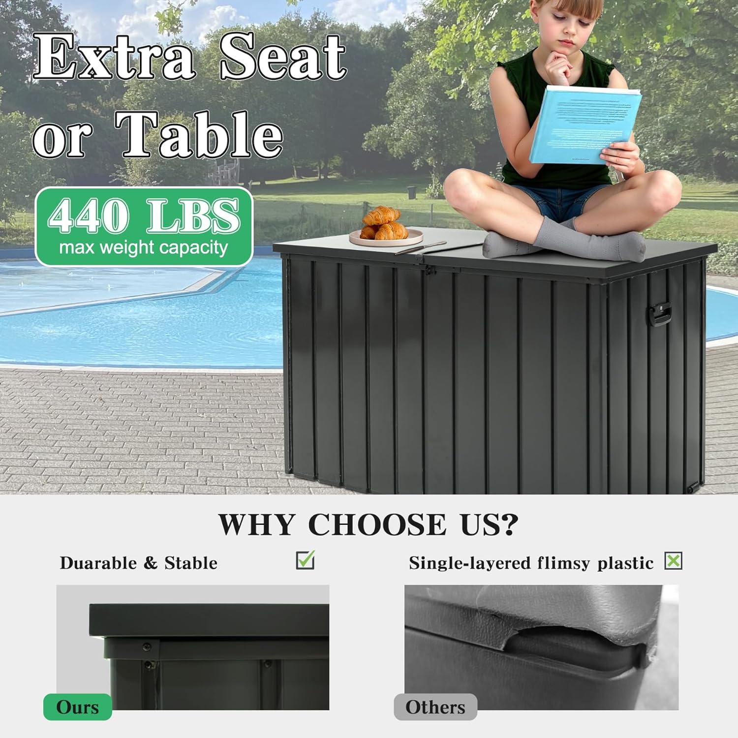 200 Gallon Metal & Plastic Deck Box – Waterproof Outdoor Storage Bench with Lockable Lid, Dark Gray