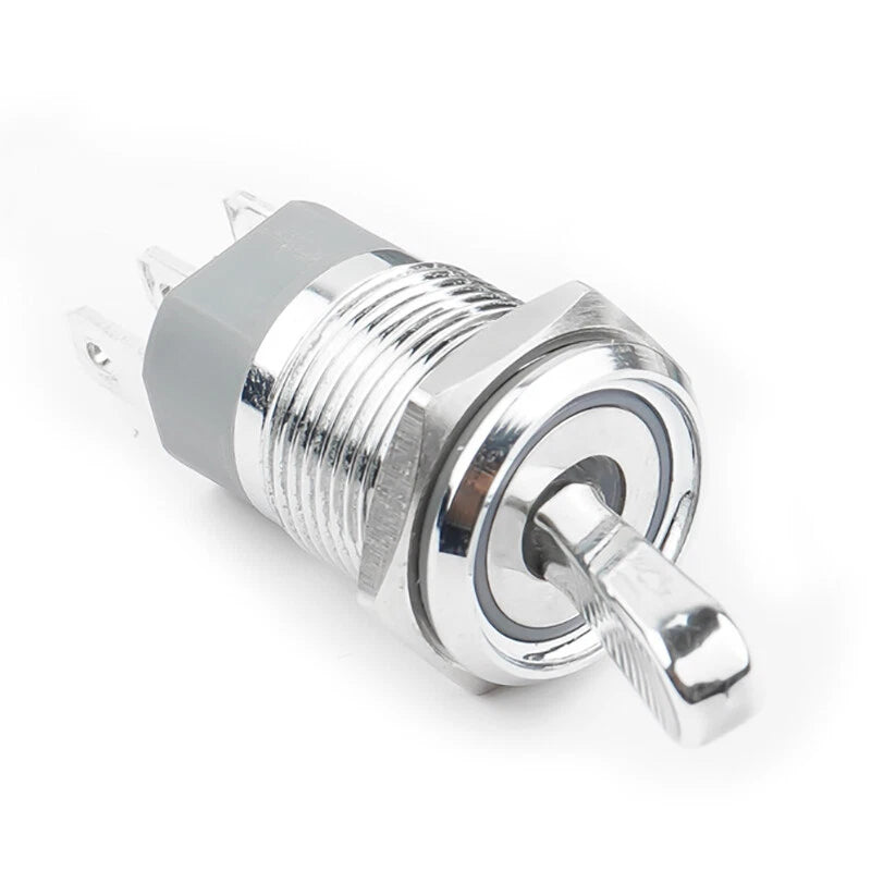 16mm LED Metal Toggle Switch – Latching SPST Waterproof, 3–24V, Nickel/Black/Steel