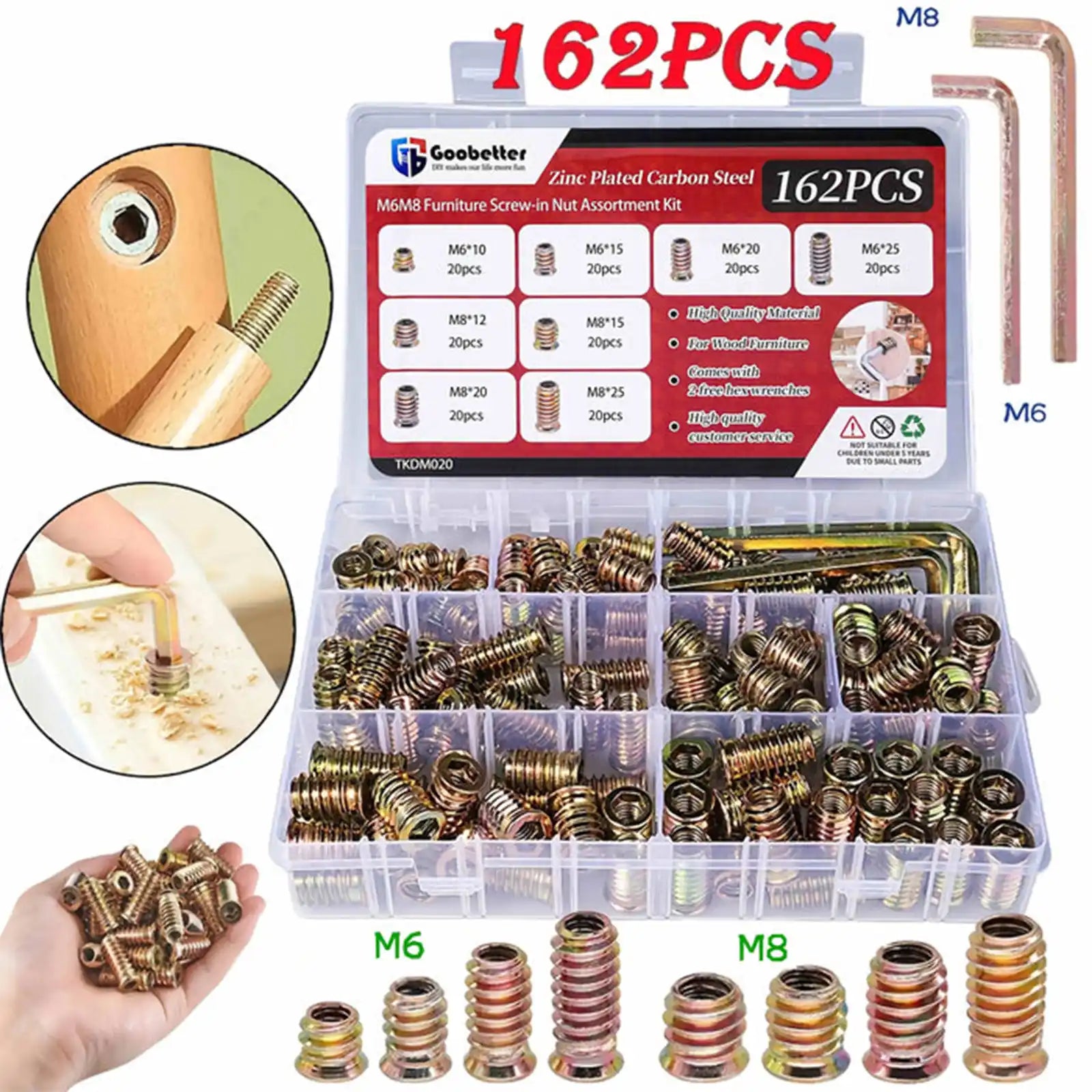 162Pcs Threaded Wood Inserts Kit - Carbon Steel Zinc Plated Furniture Nuts - HomeDIYer