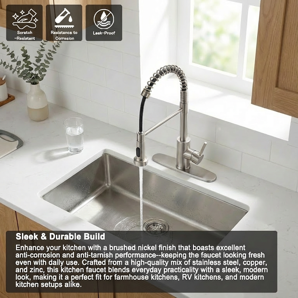 Industrial Pull Down Kitchen Faucet | Brushed Nickel Stainless Steel | 1 or 3 Hole | Farmhouse, RV, Wet Bar