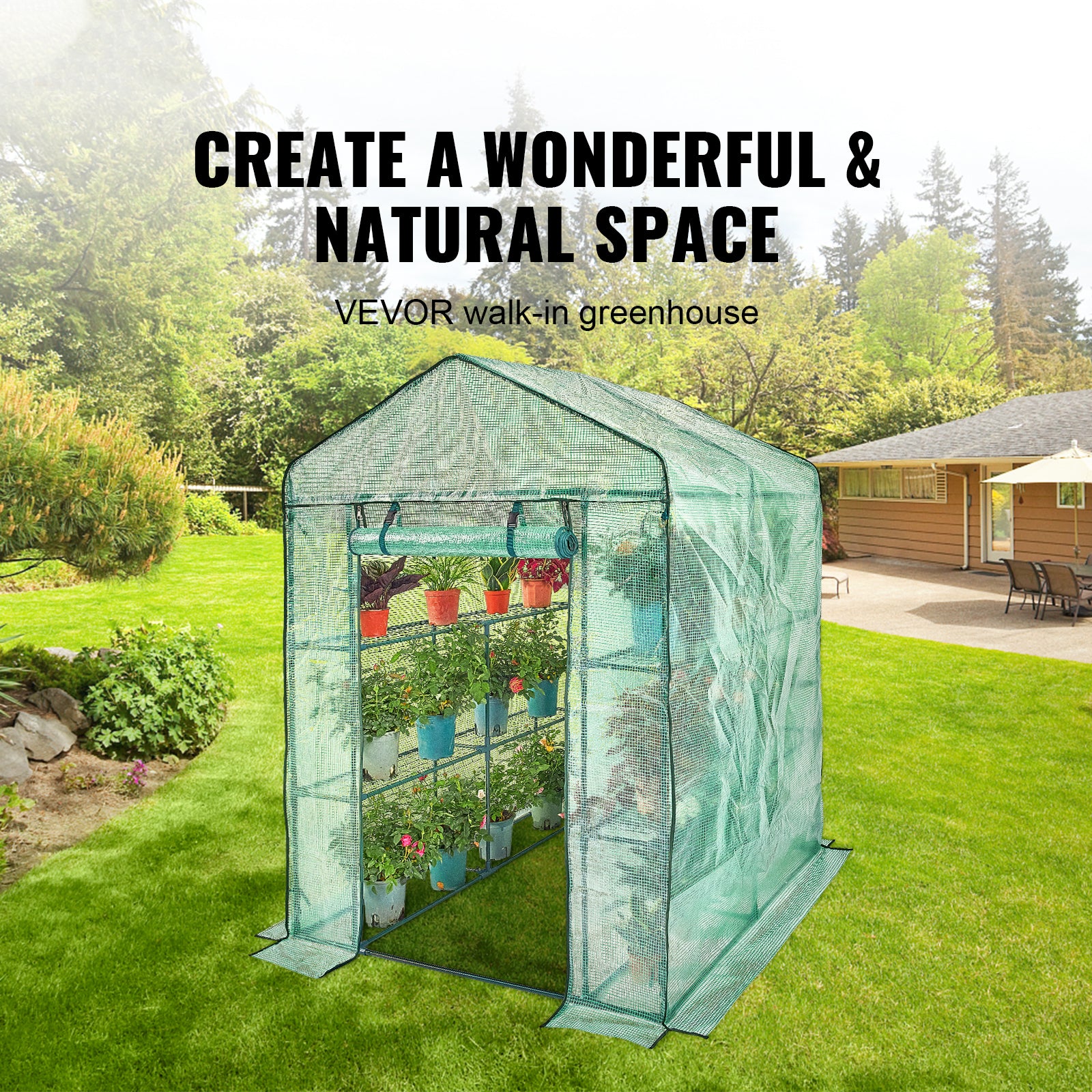 4.6ft x 4.6ft x 6.6ft Walk‑In Greenhouse with 4 Shelves — High‑Strength PE Cover Roll‑Up Door & Steel Frame Green