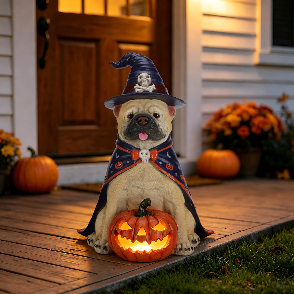 Halloween Bulldog Witch Statue with LED Pumpkin, 19.69-Inch Resin