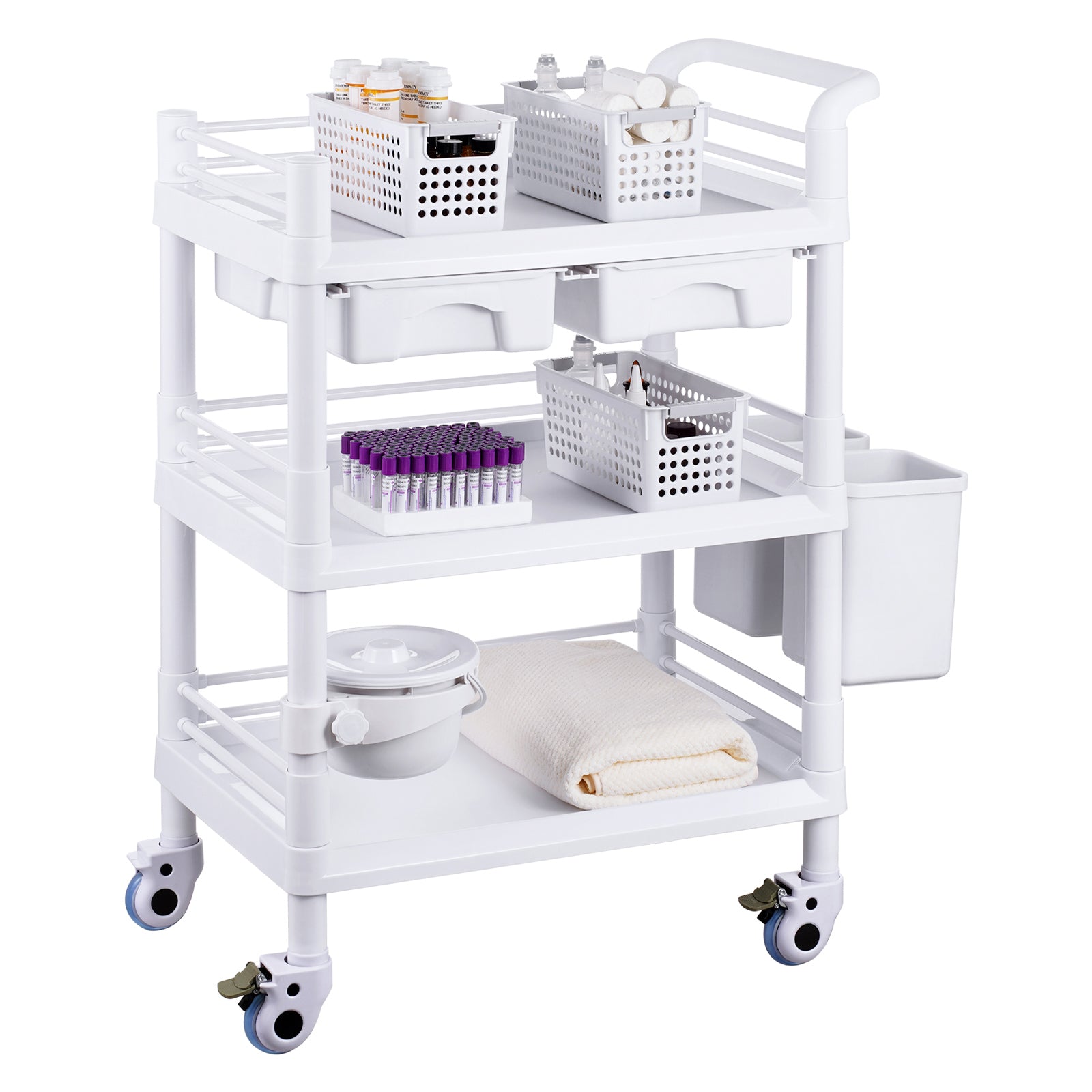 3 Tiers Lab Carts Mobile Medical Cart with 3 Trays & 3 Trash Cans White, Trolley Storage Cart with PP Material, Lab Rolling Cart with 4 Silent Wheels for Lab, Clinic, Hospital, Salon, Office