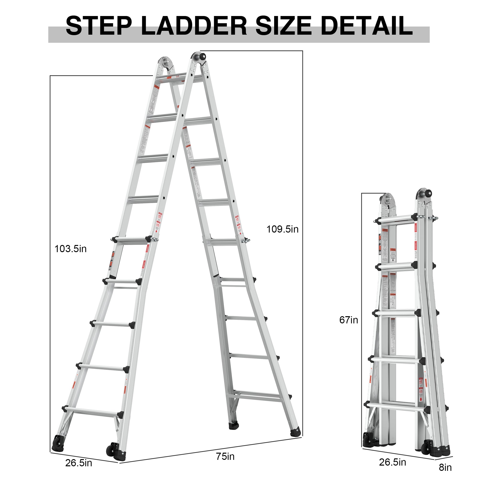 22 FT Aluminum Multi‑Position Ladder with Wheels — 300 lb Capacity, A‑Frame, Extension & More, Metallic Grey
