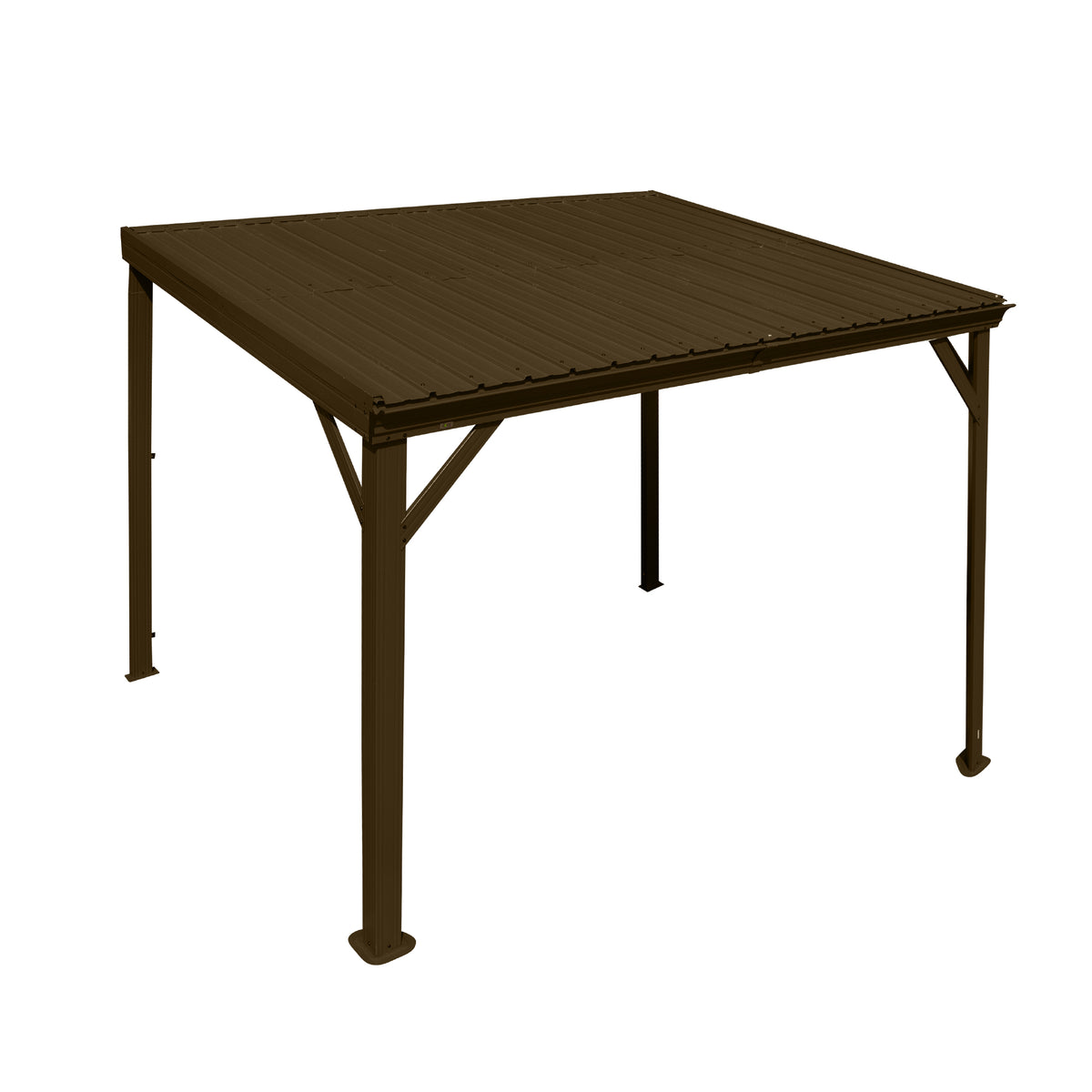 8x10 FT Wall-Mounted Lean-To Gazebo, Galvanized Steel Hardtop, Built-In Drainage, Brown