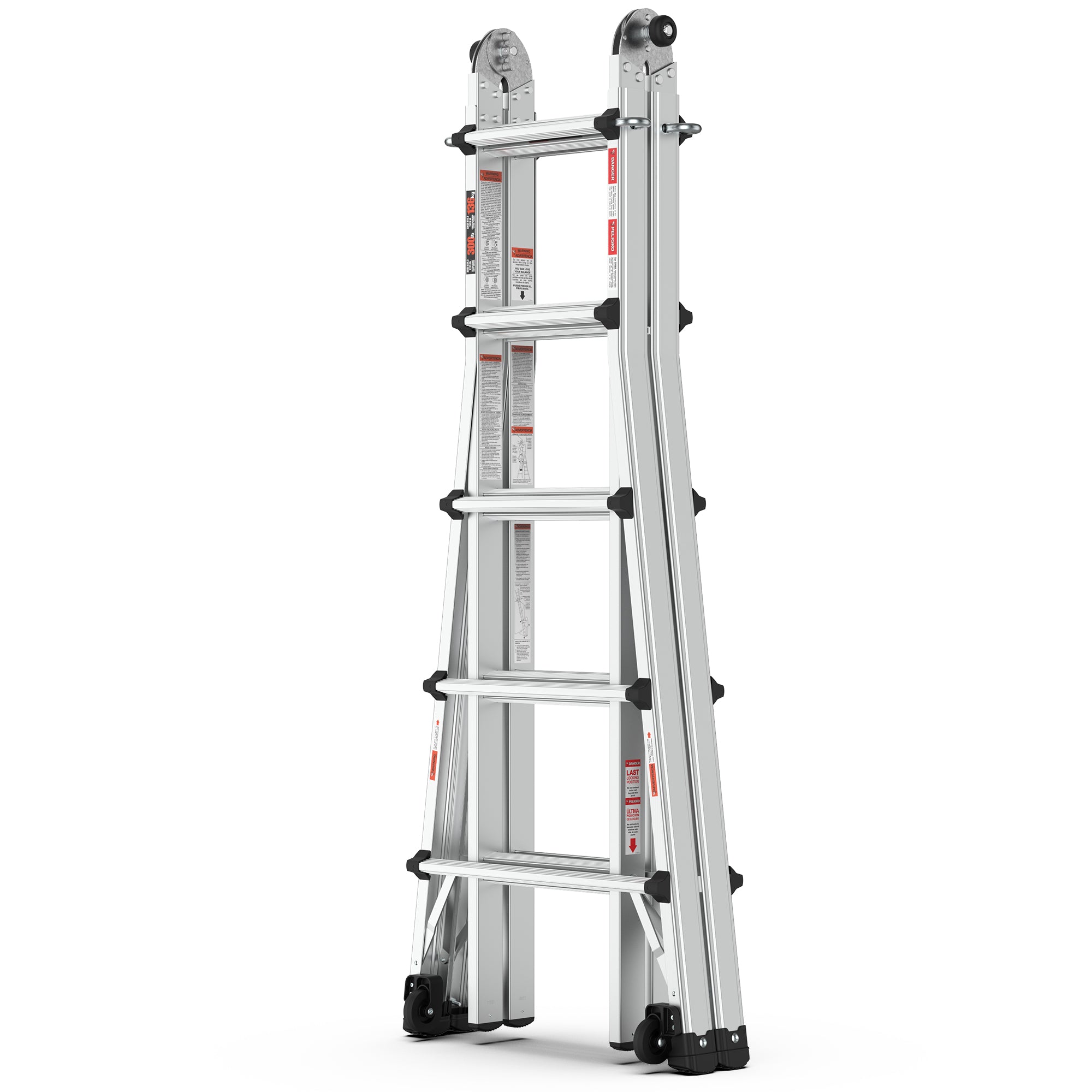22 FT Aluminum Multi‑Position Ladder with Wheels — 300 lb Capacity, A‑Frame, Extension & More, Metallic Grey