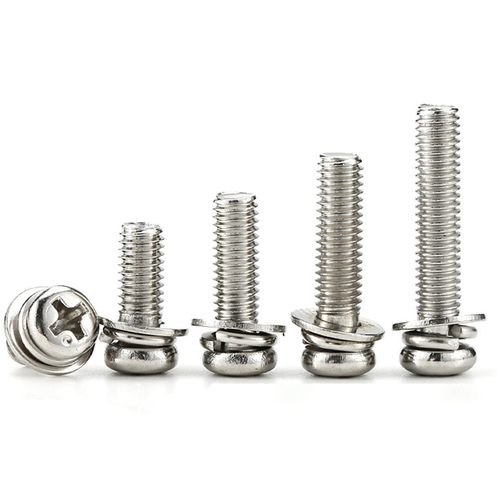 Nickel-Plated Phillips Pan Head Machine Screws with Spring & Flat Washers – M2 M2.5 M3 M4 M5 M6 Metric
