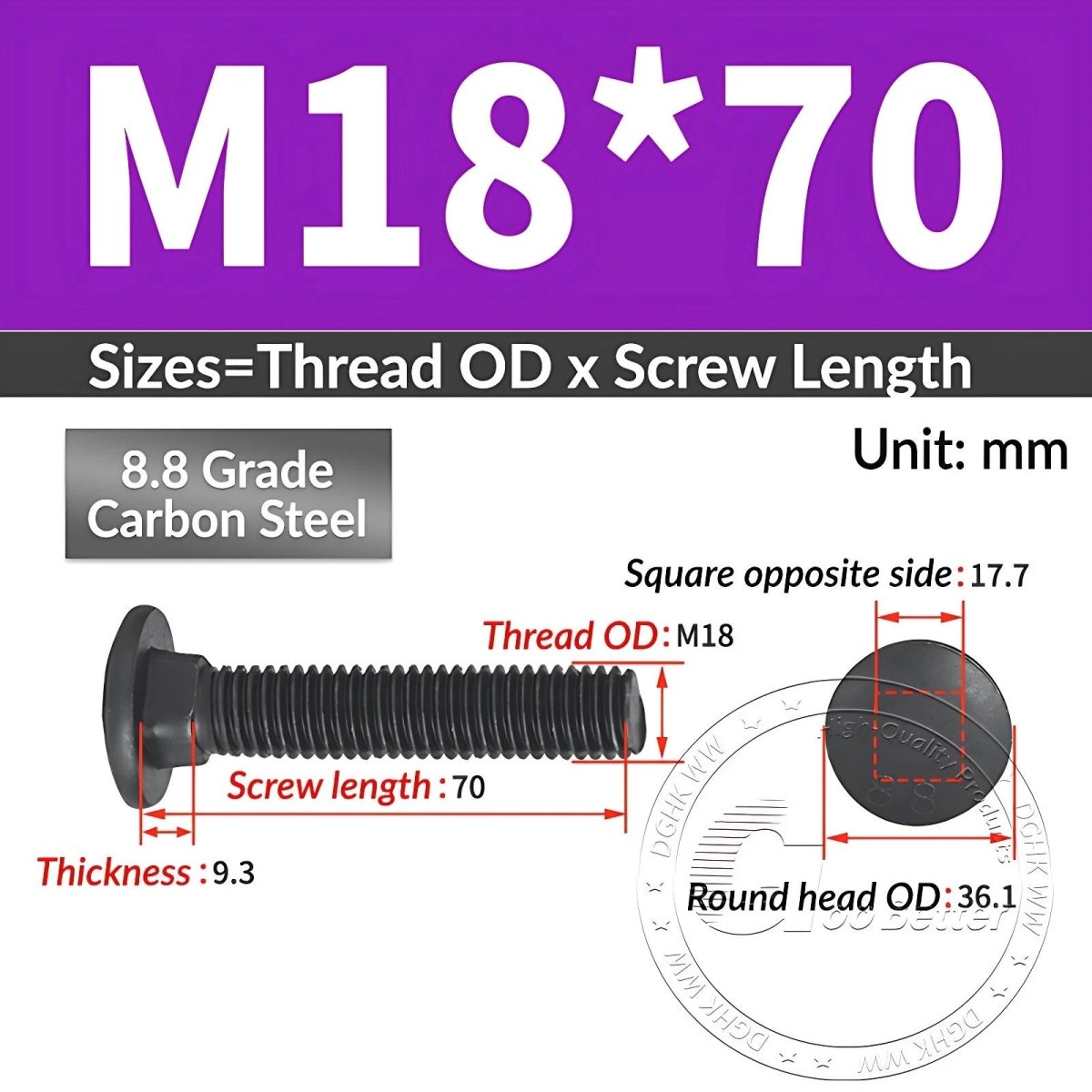 Black 8.8 Grade Steel Carriage Bolts | Cup Square Dome Head | M6–M24 - HomeDIYer
