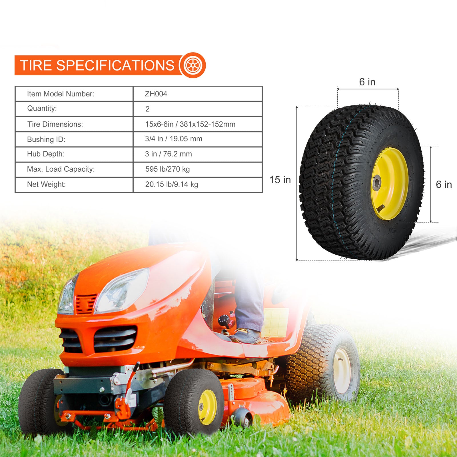 2-Pack 15x6-6" Tubeless Tractor Tires โ S-Turf Pneumatic, 3" Offset Hub, 595 LB Capacity, 16 Adapters