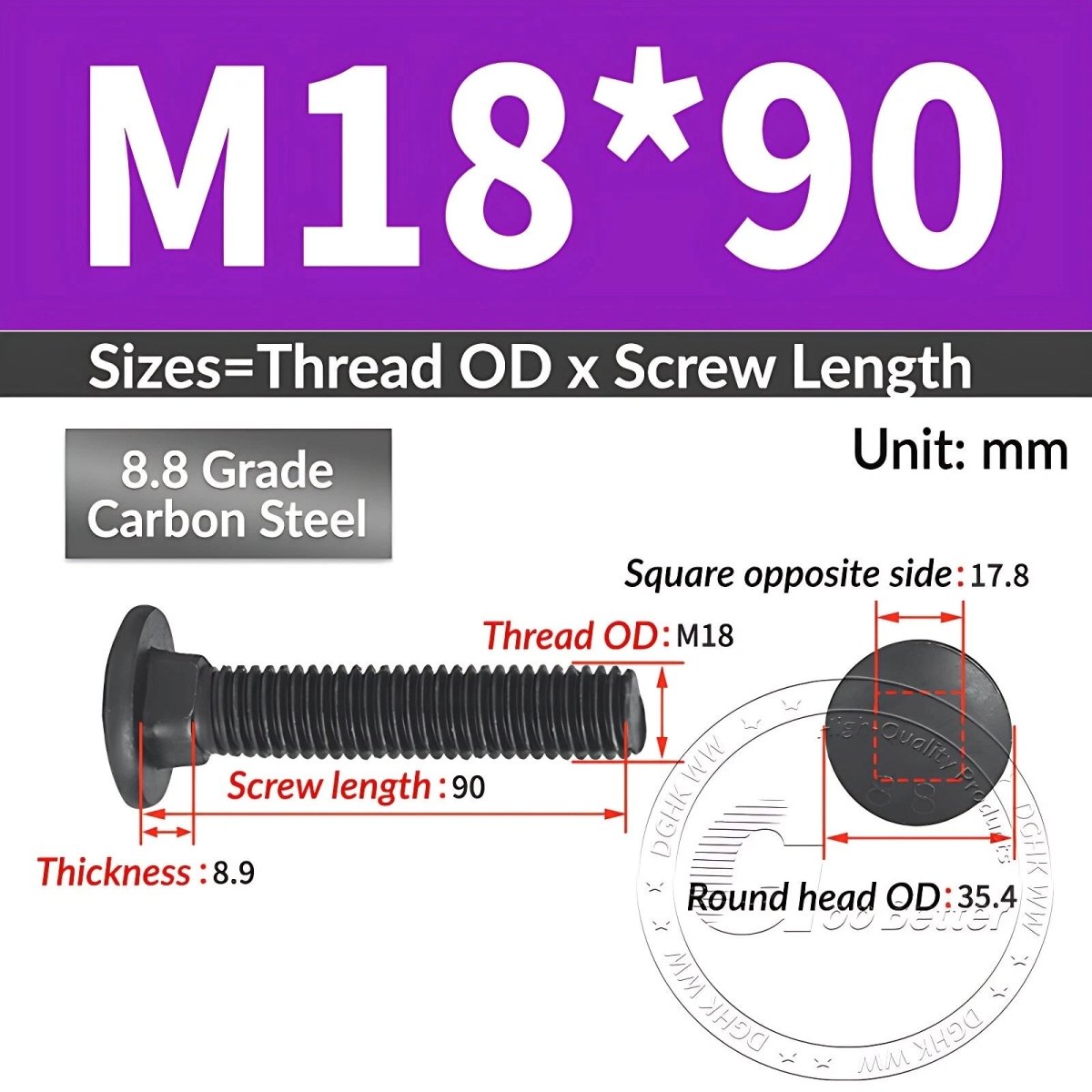 Black 8.8 Grade Steel Carriage Bolts | Cup Square Dome Head | M6–M24 - HomeDIYer