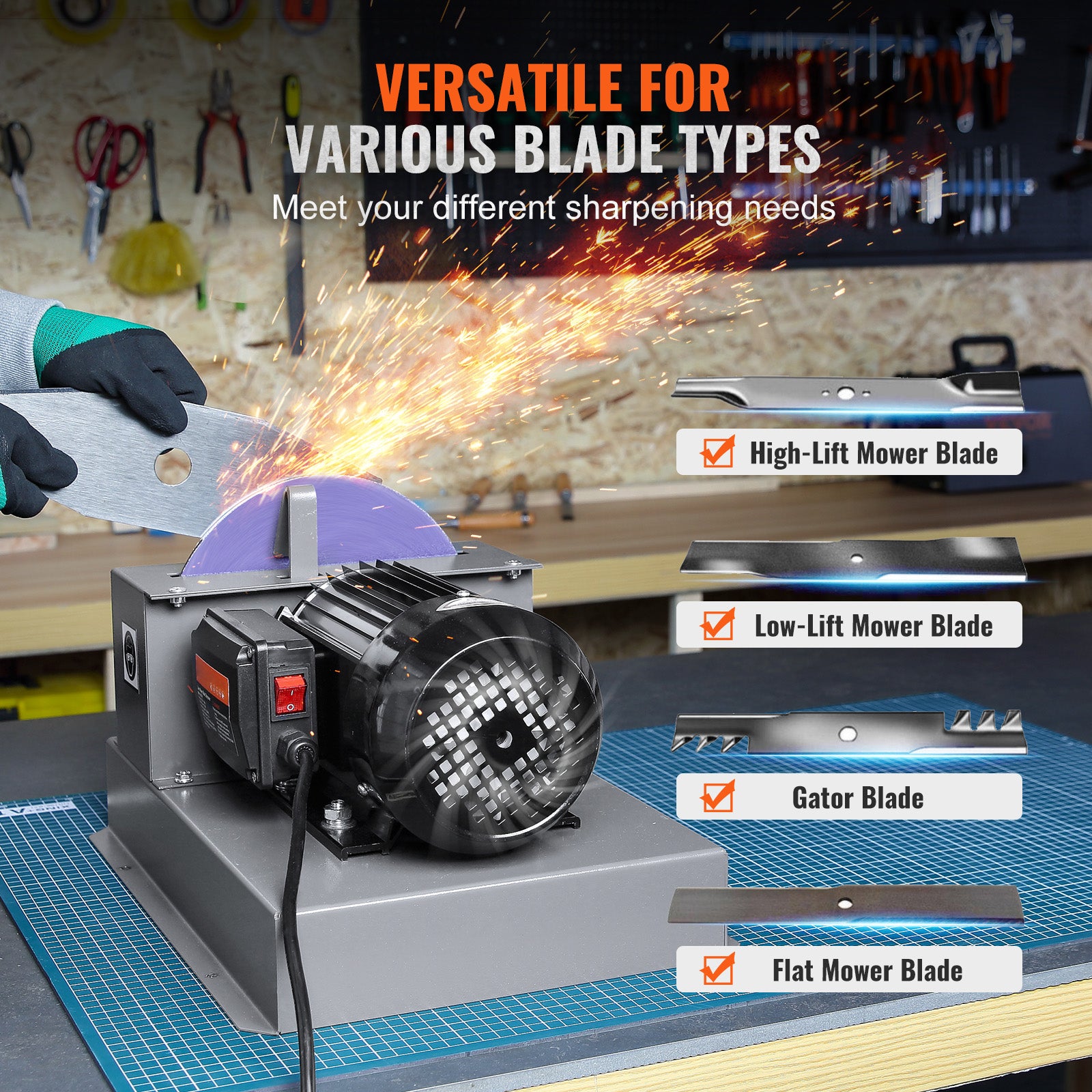 Lawn Mower Blade Sharpener, 1HP 750W Lawnmower Blade Grinder with 9-inch Ceramic Grinding Wheel, Powerful Bench Mower Sharpening Machine for High/Low Lift Blades, Gator Blades, Flat Blades