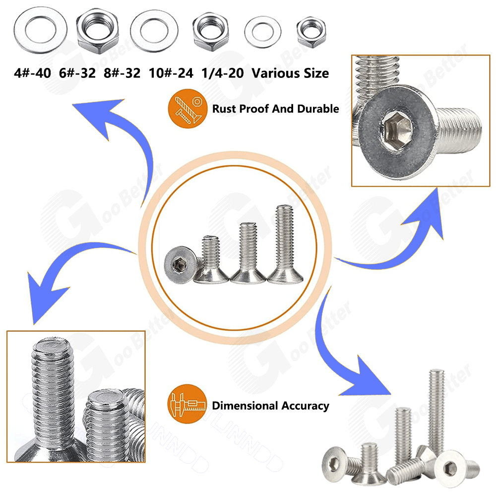455Pcs Flat Head Socket Screws Washer Nut Assortment Kit 4 6 8 10 1/4'' Steel - HomeDIYer
