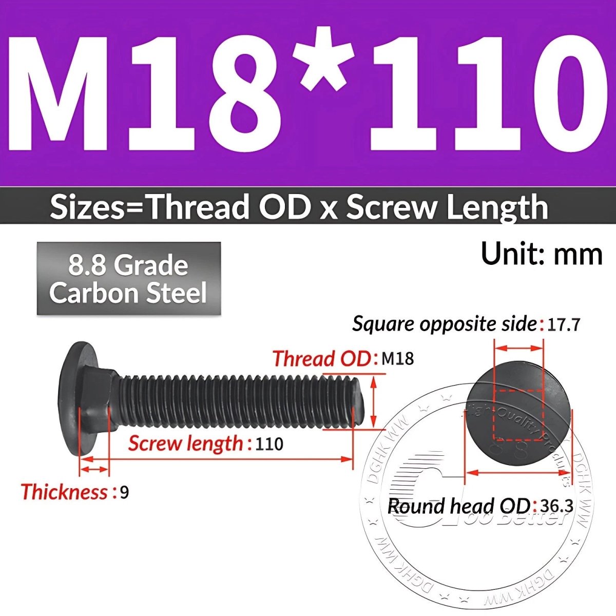 Black 8.8 Grade Steel Carriage Bolts | Cup Square Dome Head | M6–M24 - HomeDIYer