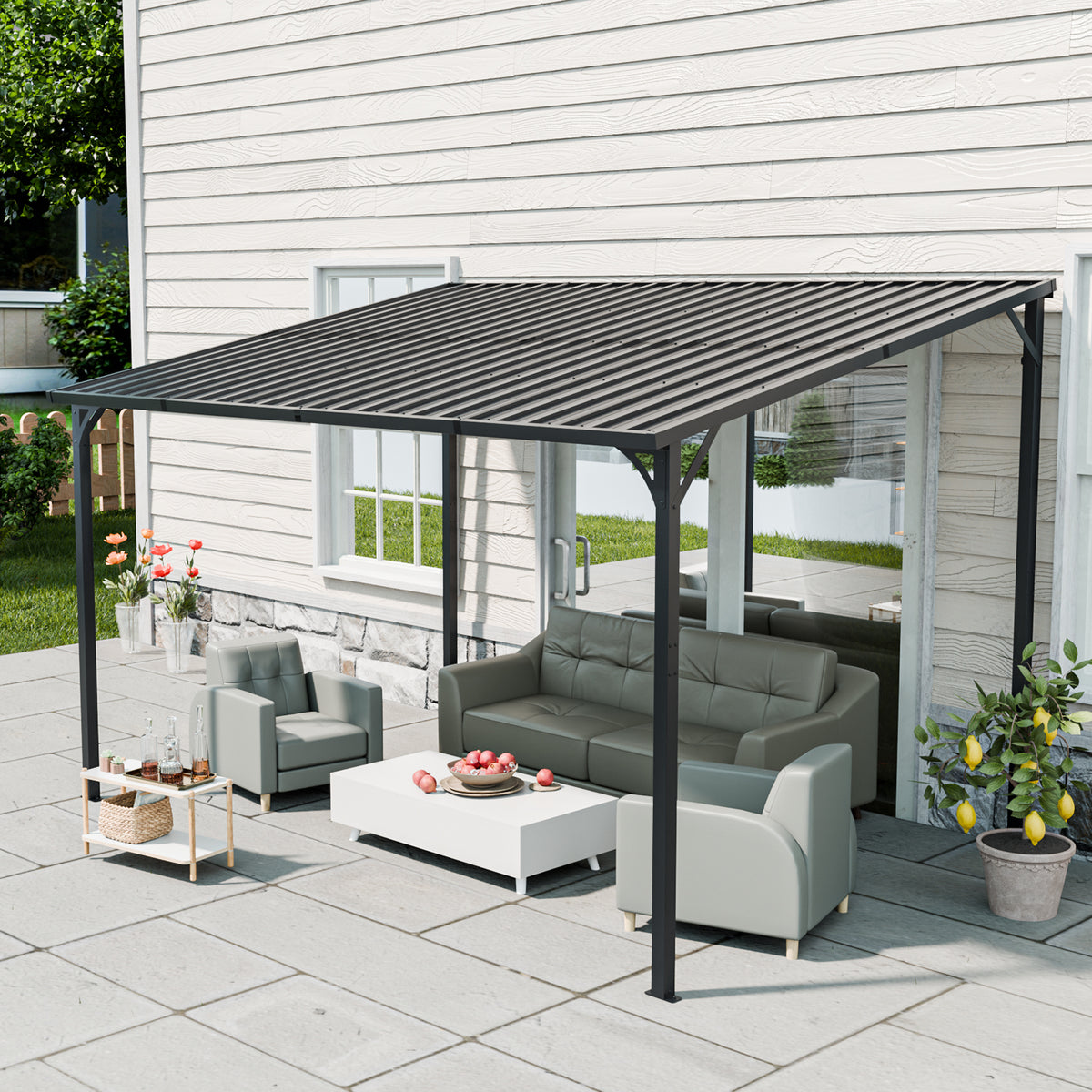 Metal Pergola 12x8 ft Wall-Mounted Galvanized Steel Lean-To Shelter for Patio & BBQ