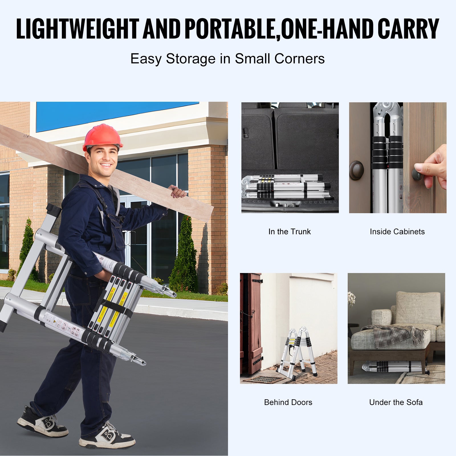 12.5FT Telescoping A‑Frame Ladder with Stabilizer Bar — 375 lb Capacity, Aluminum, Silver