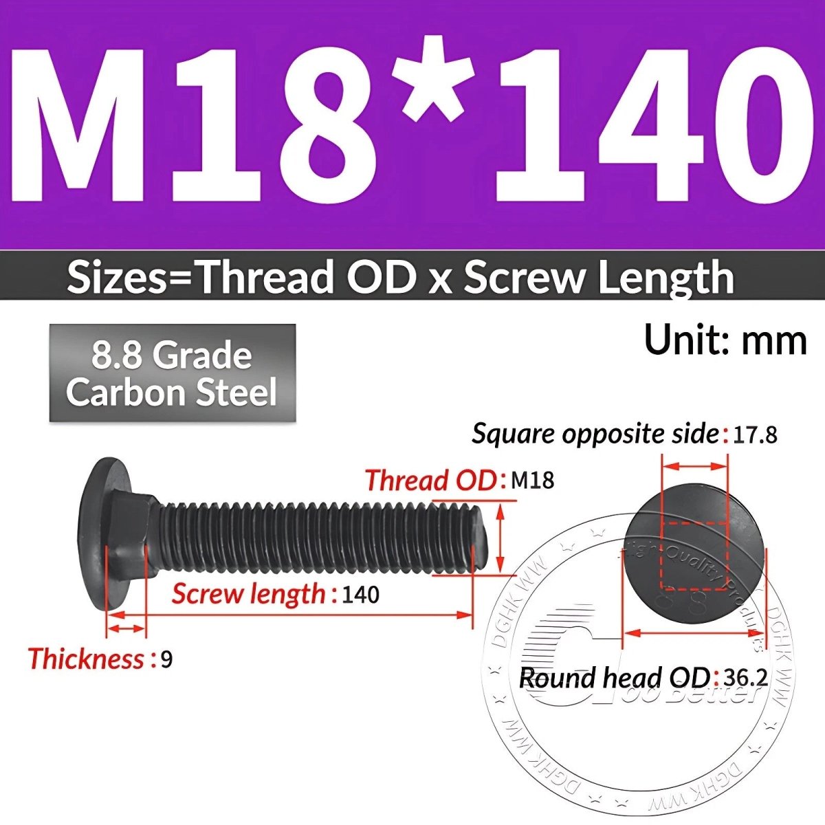 Black 8.8 Grade Steel Carriage Bolts | Cup Square Dome Head | M6–M24 - HomeDIYer