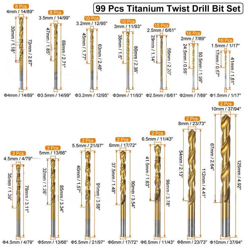 99x Titanium Hss Cobalt Twist Drill Bit Set 1.5 - 10mm Straight Shank Metal Tools - HomeDIYer
