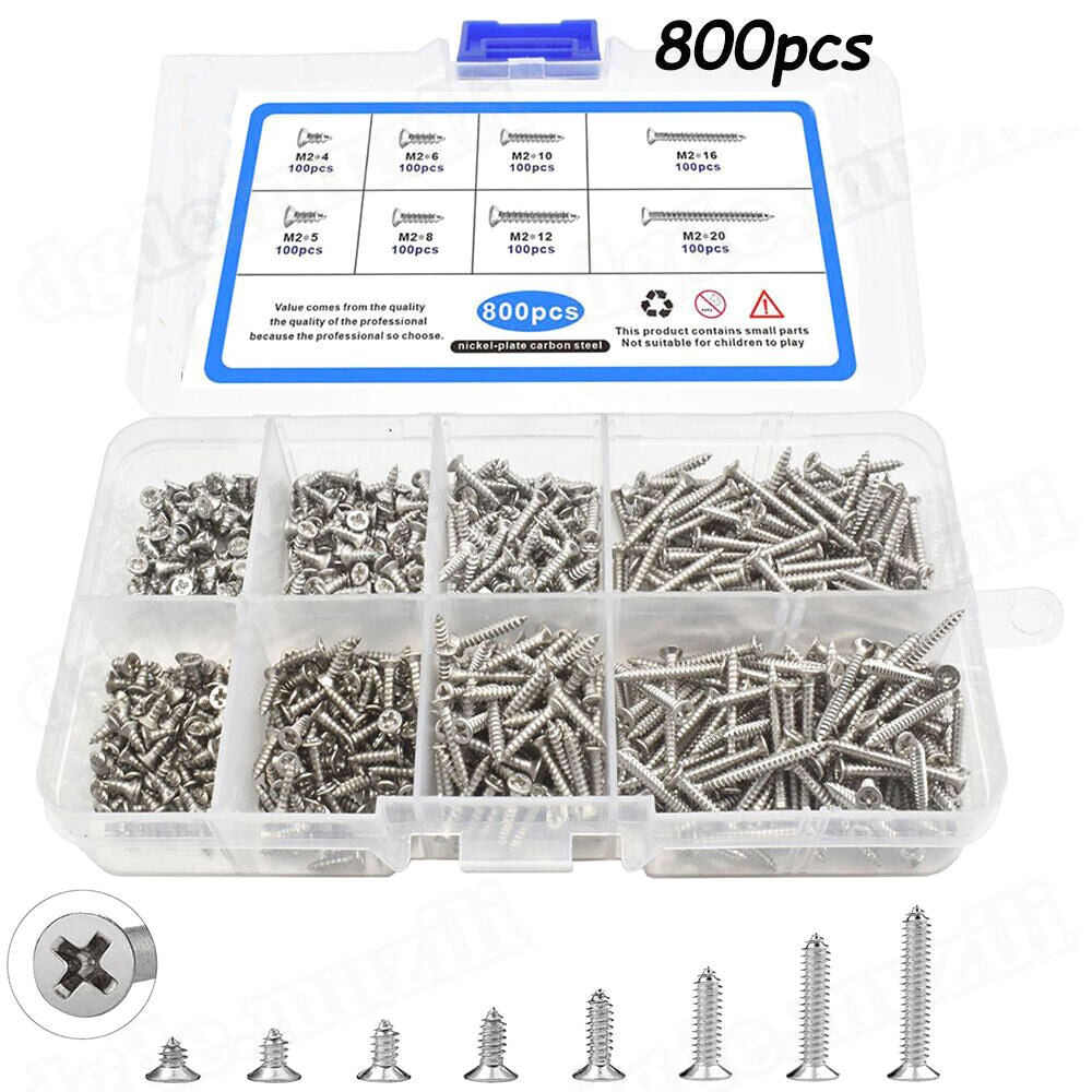 800Pcs Nickel Plated Countersunk Self Tapping Wood Screws Chipboard Screws Set - HomeDIYer