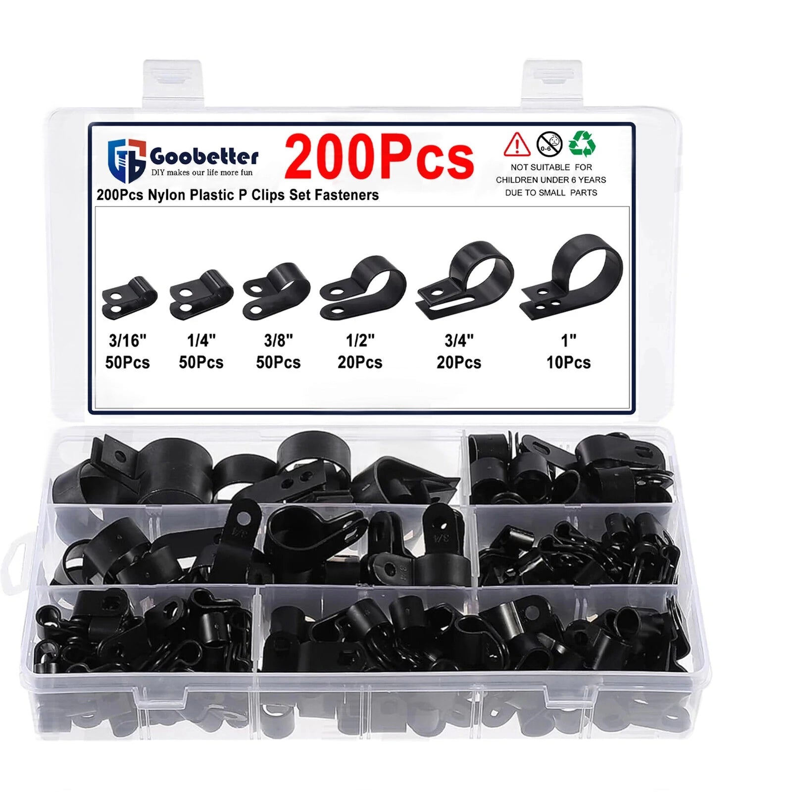 200Pcs Nylon Plastic P Clips Clamp Assortment Set for Wire Cable Pipe 5mm - 28mm - HomeDIYer