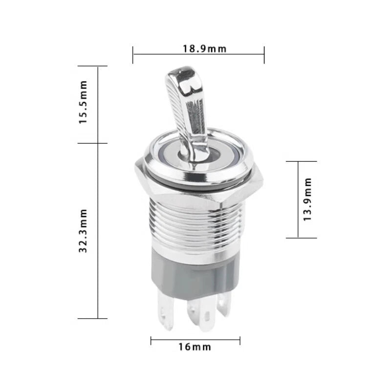 16mm LED Metal Toggle Switch – Latching SPST Waterproof, 3–24V, Nickel/Black/Steel