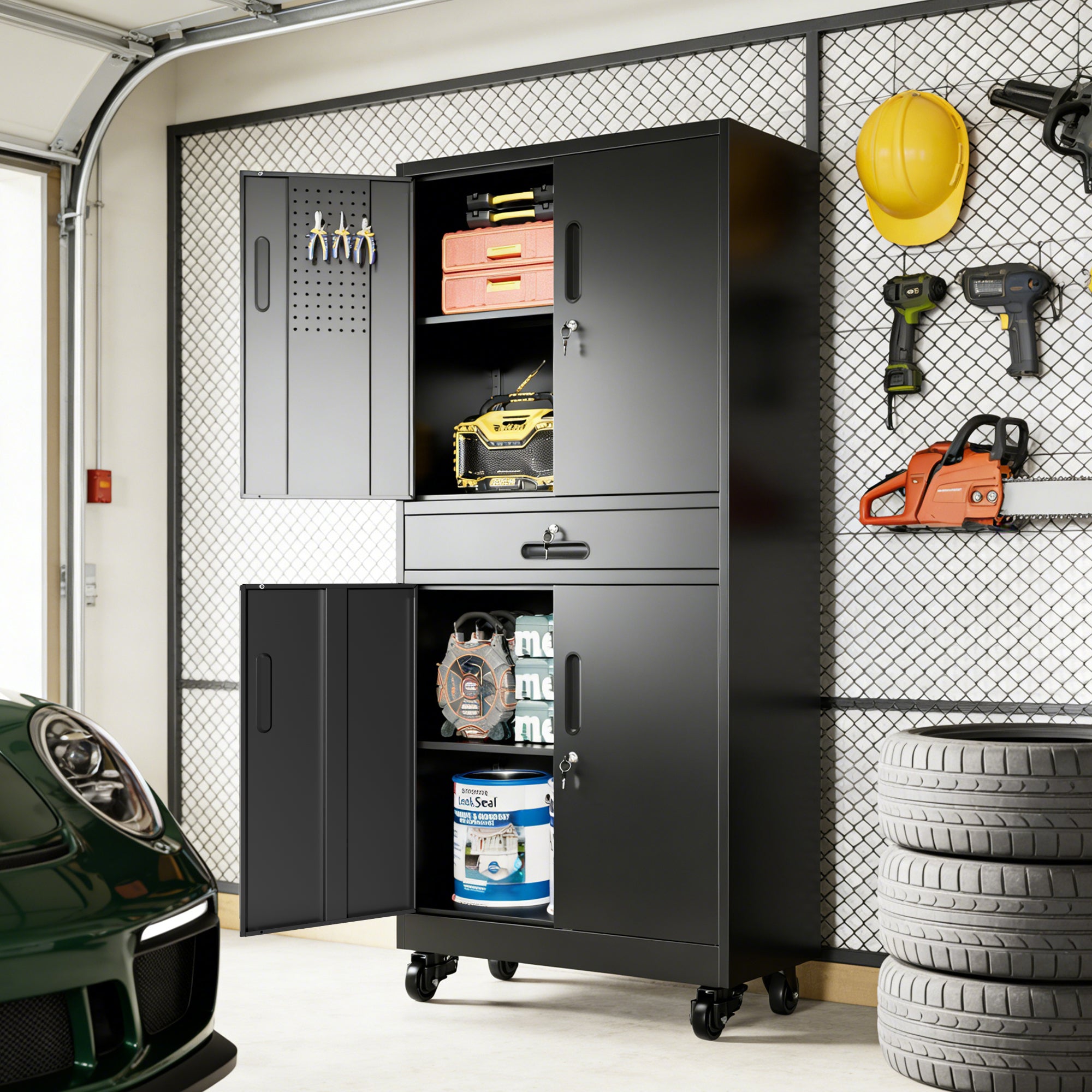 71" Metal Garage Storage Cabinet with Drawer, Pegboard Door, Locking Doors & Rolling Wheels, 720 lb Capacity