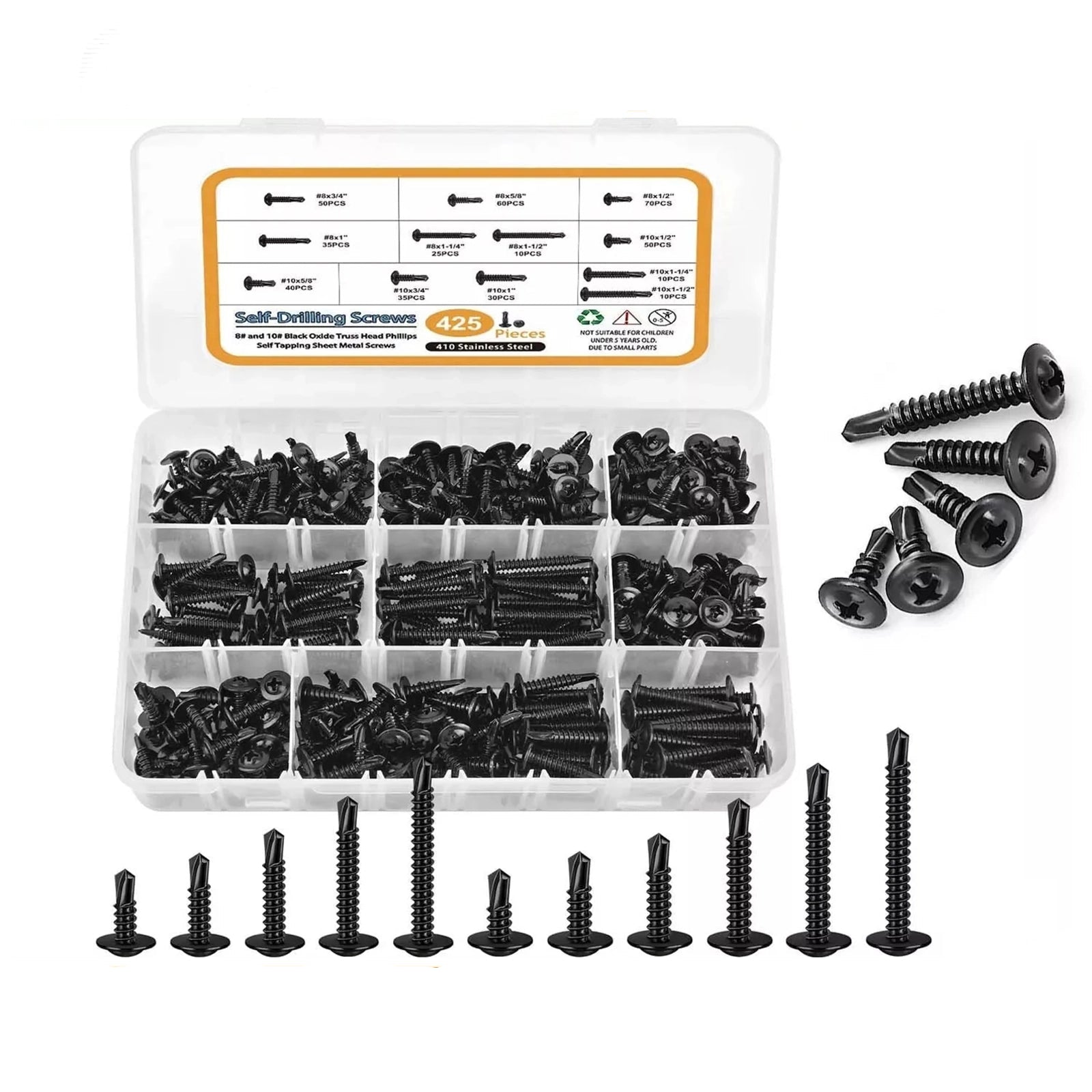 425Pcs Phillips Wafer Head Self Tapping/Drilling Screws Kit 410 Stainless Steel - HomeDIYer