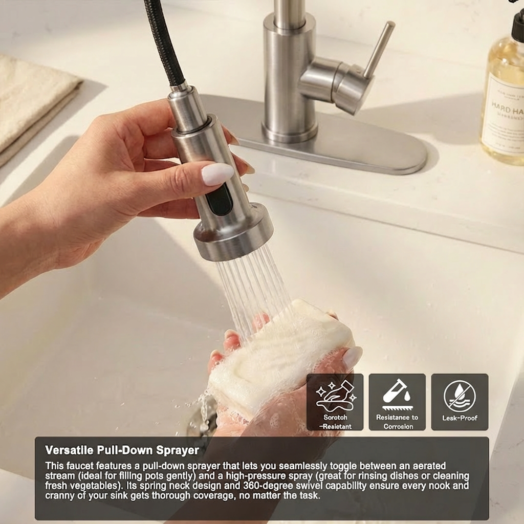Industrial Pull Down Kitchen Faucet | Brushed Nickel Stainless Steel | 1 or 3 Hole | Farmhouse, RV, Wet Bar