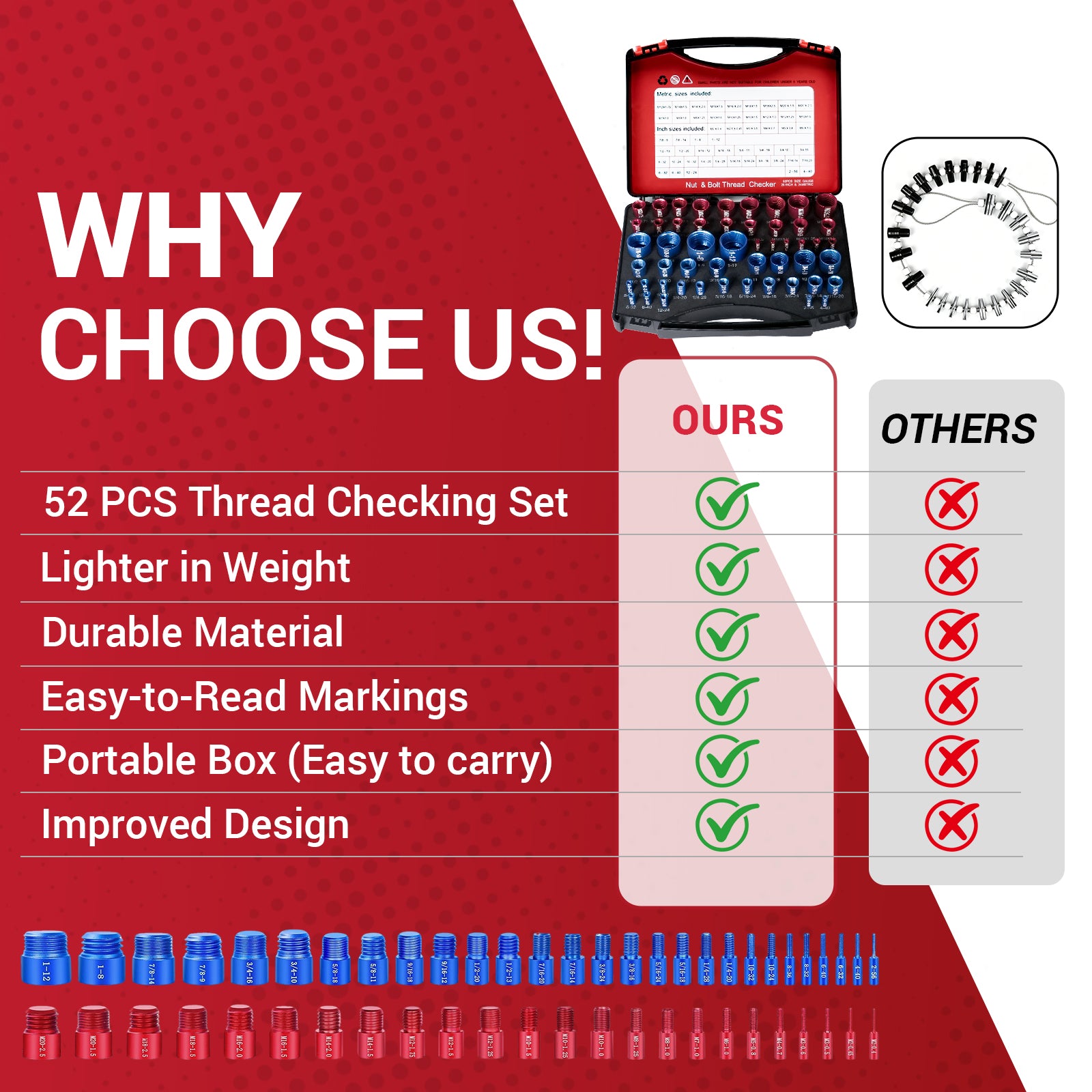 52-Piece Thread Checker Set — Standard & Metric Nut and Bolt Size Finder