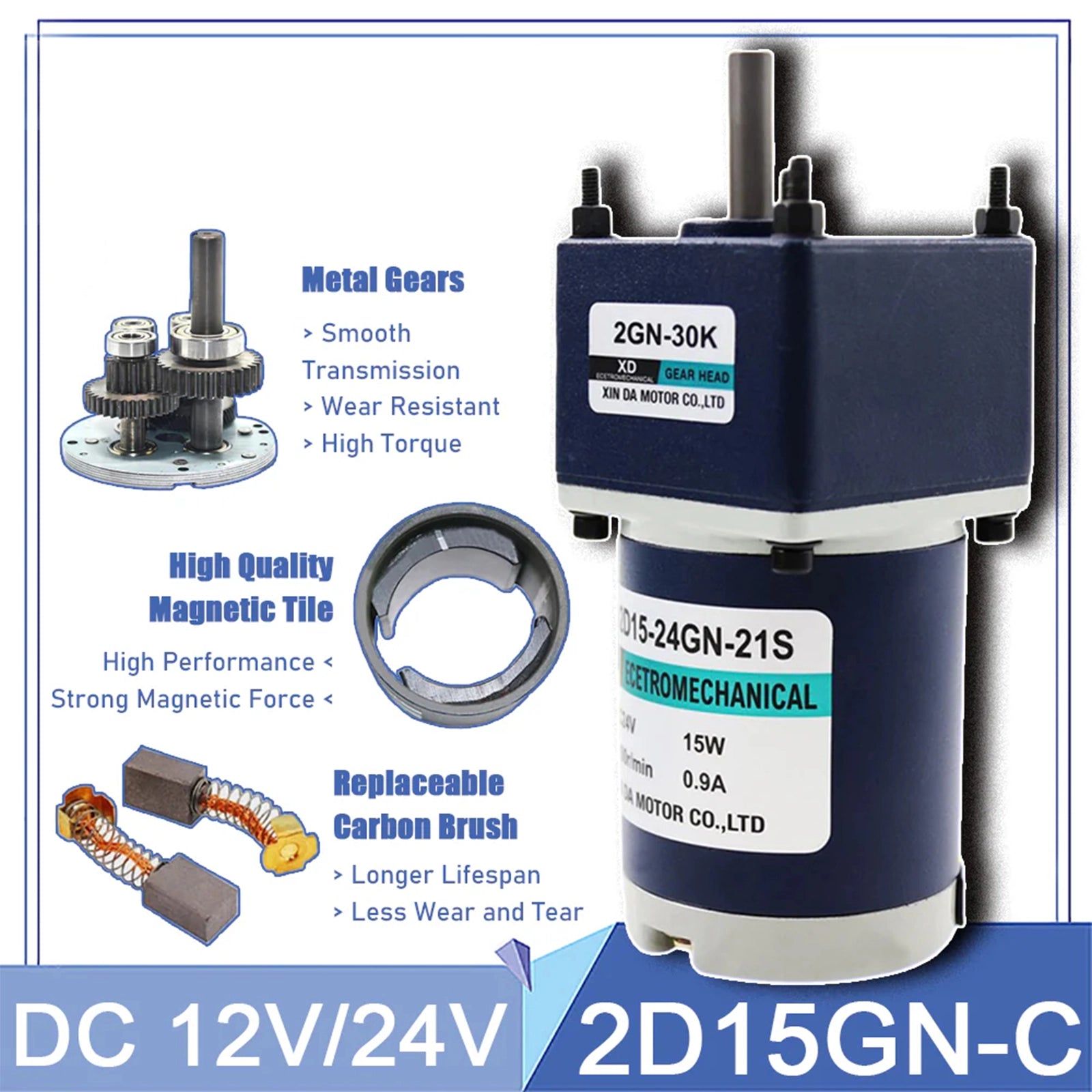 DC 12V/24V Gear Motor 10 - 600RPM 15W Gearbox Reduction Motor 2D15GN - C Reversible - HomeDIYer