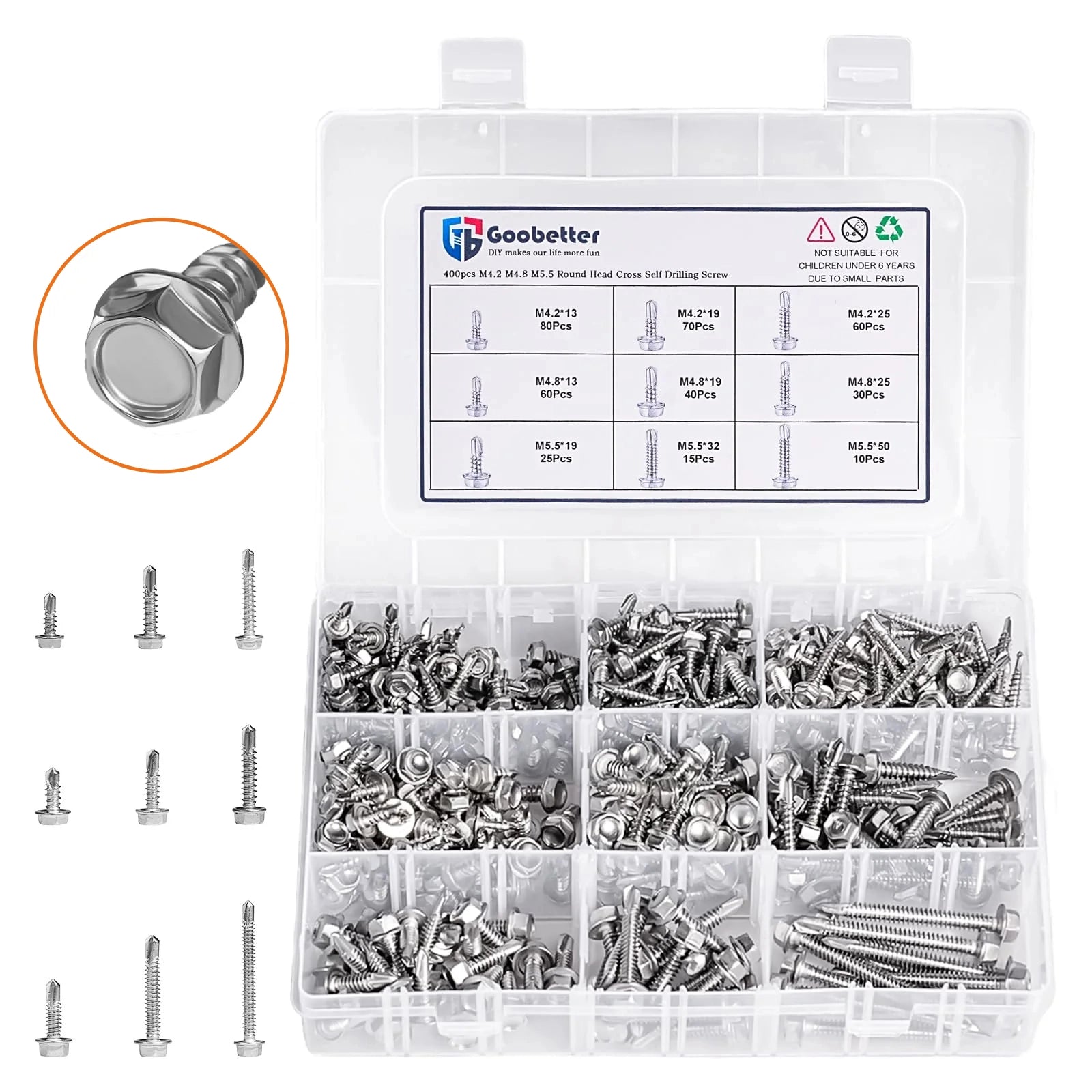 390PCS 410 Stainless Steel Hex Washer Head Self - Drilling TEK Screw Set - HomeDIYer