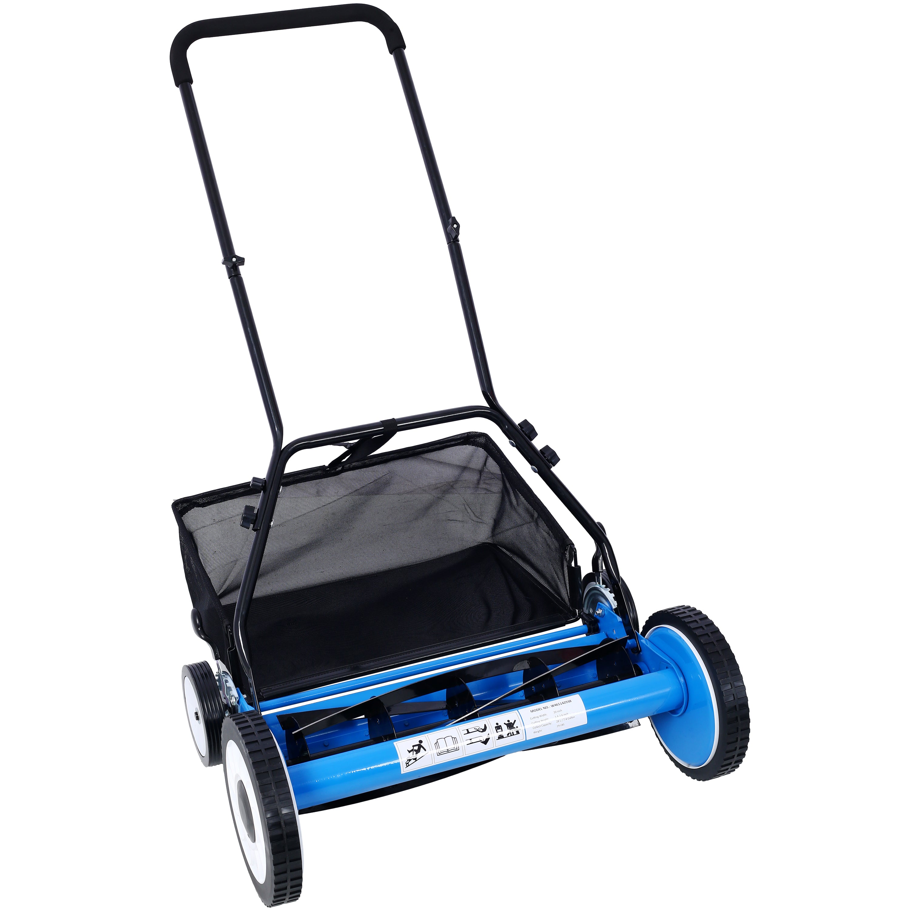 16-Inch 5-Blade Push Reel Lawn Mower with Grass Catcher, 4 WHEELS BLUE COLOR