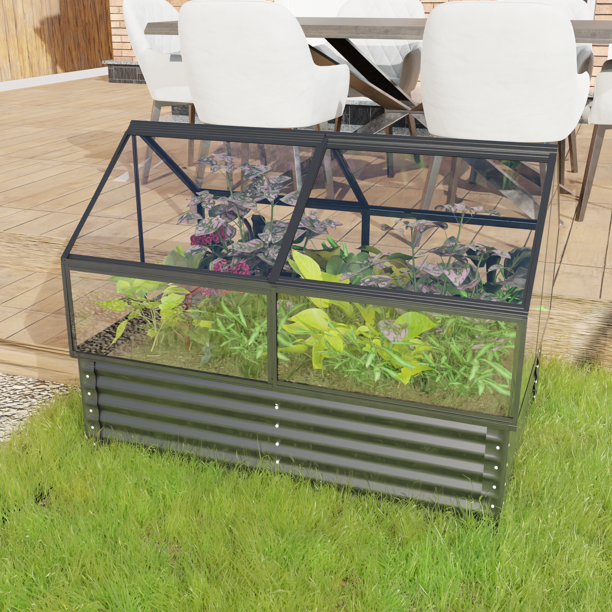 68.7" x 45" x 51.5" Greenhouse with Integrated Raised Flower Bed — 2‑in‑1 Outdoor Planter Box & Cold Frame Black