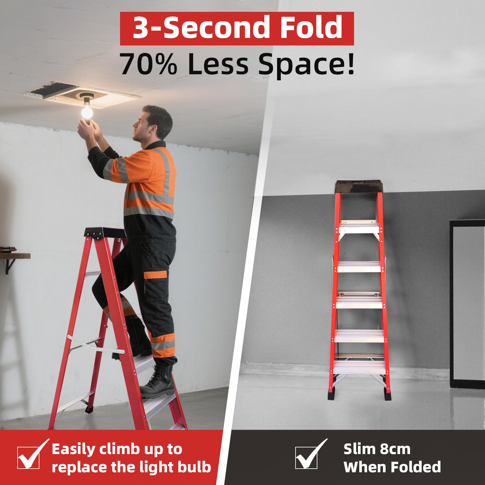 Fiberglass Step Ladder — 330 lb Capacity, Non‑Conductive, Safety Red, 11" Step Spacing