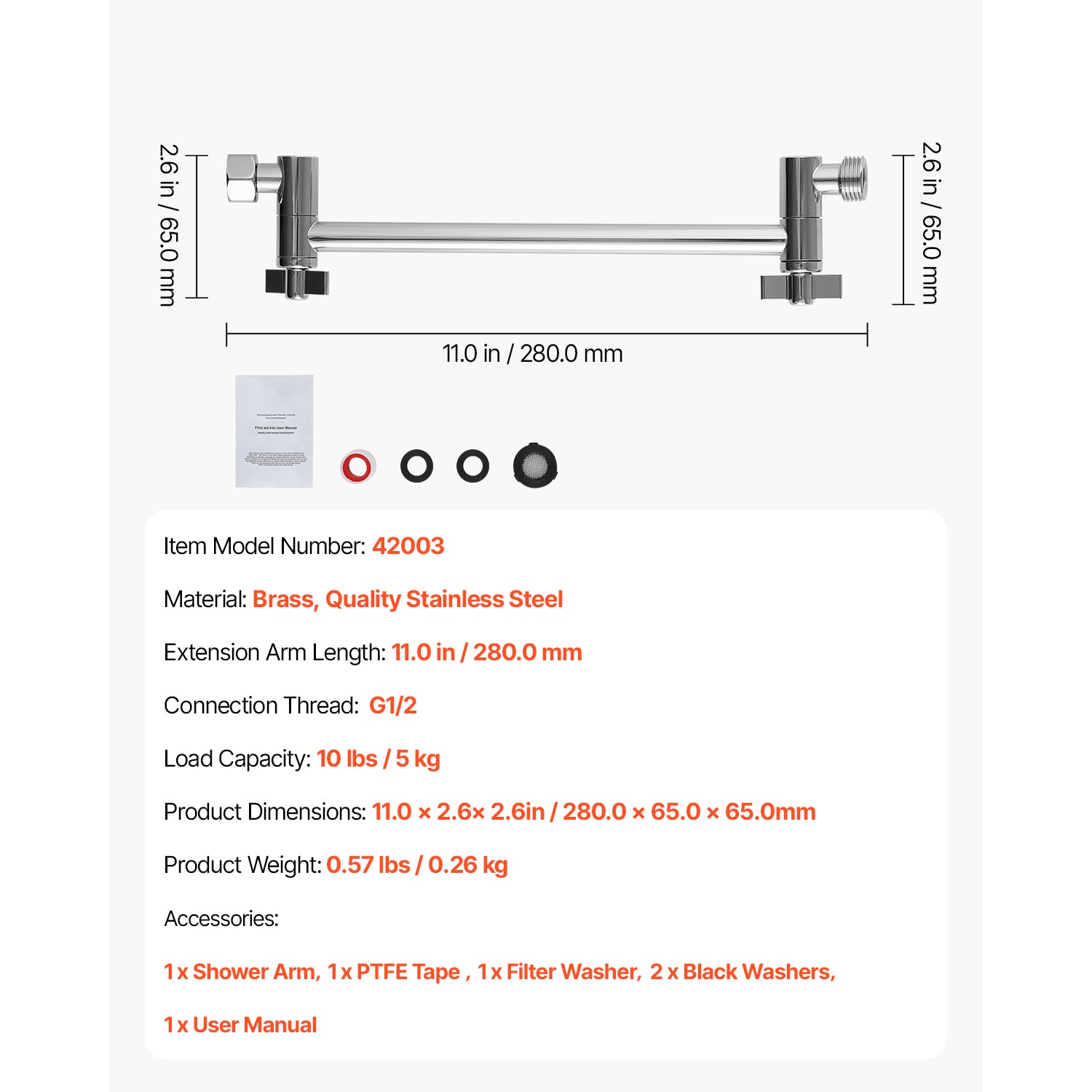 11” Adjustable Shower Arm Extension – 360° Swivel, G1/2 Universal Fit, Chrome